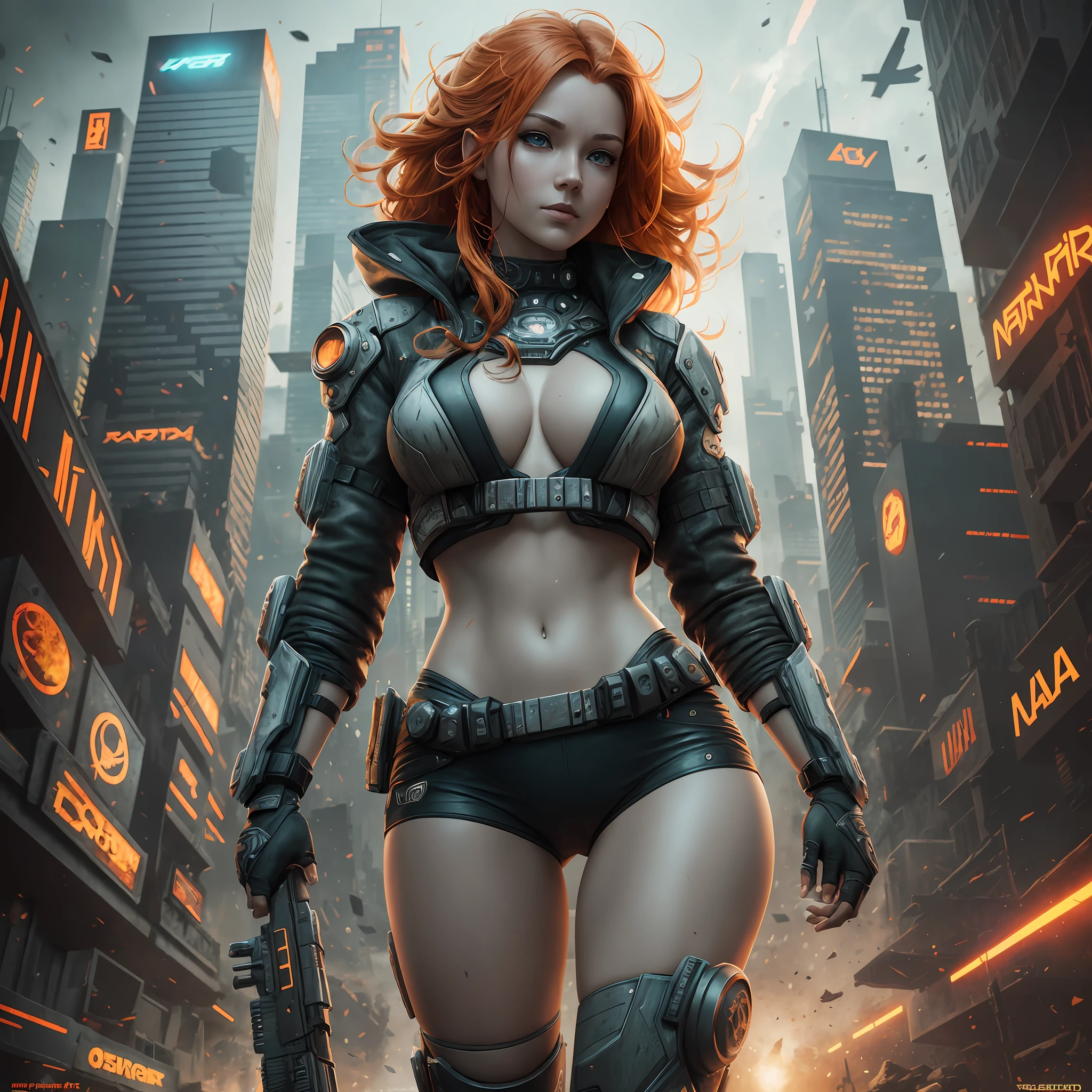 art by Charlie Bowater, cyberpunk ginger vixen at central plaza of post apocalyptic city, Light field photography, wide angle lens f/2.8, ultra insane high resolution intricate textures, texture indentation, 32k raw professional photo, perfect perspective, perfect geometry, ultra insane ambient lighting, ultra insane ambient shadows, luminism, ultra intricate, detailed ultra busy background, bouncing lighting, tessellation, ultra maximalism, IPA Award wining masterpiece