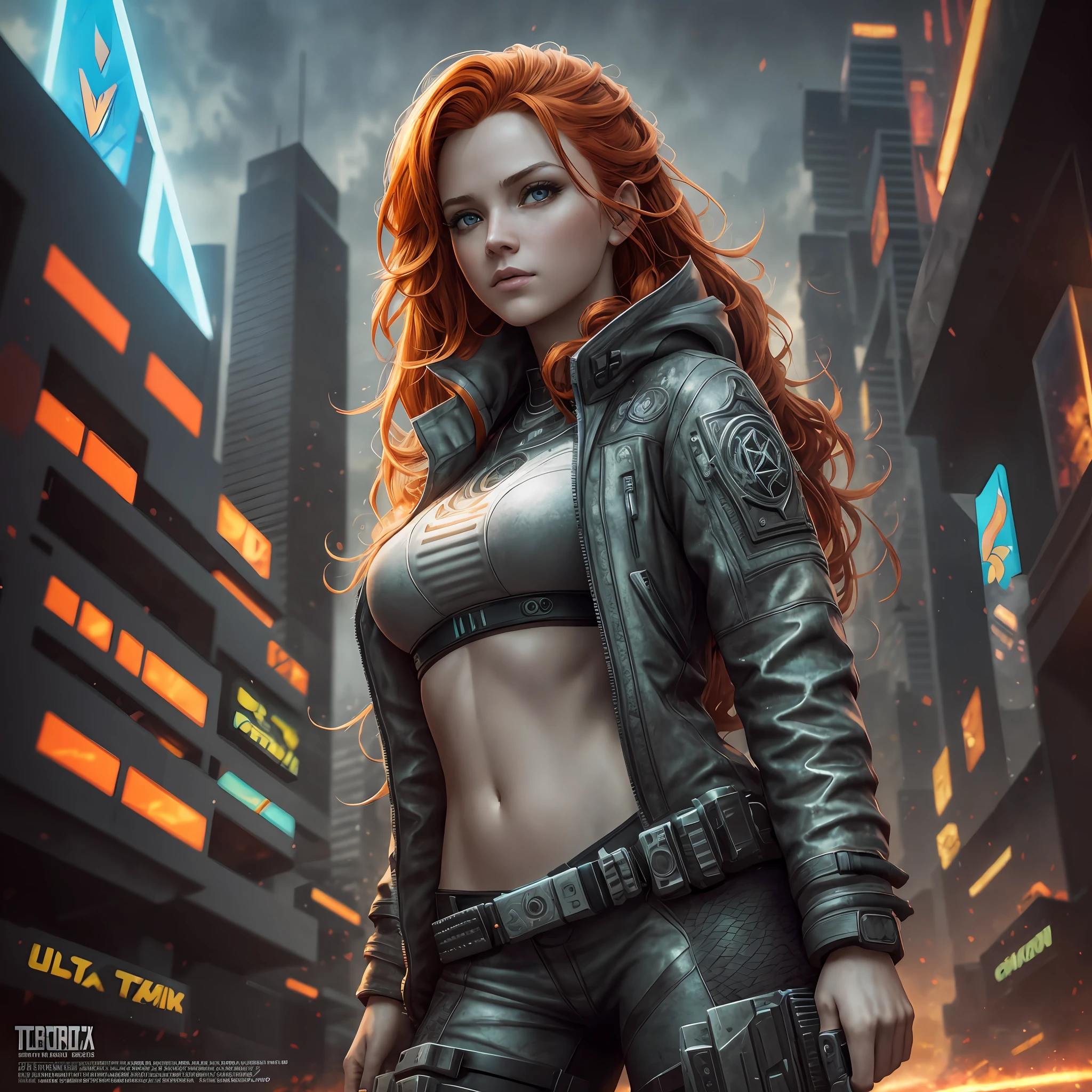art by Charlie Bowater, cyberpunk ginger vixen at central plaza of post apocalyptic city, Light field photography, wide angle lens f/2.8, ultra insane high resolution intricate textures, texture indentation, 32k raw professional photo, perfect perspective, perfect geometry, ultra insane ambient lighting, ultra insane ambient shadows, luminism, ultra intricate, detailed ultra busy background, bouncing lighting, tessellation, ultra maximalism, IPA Award wining masterpiece