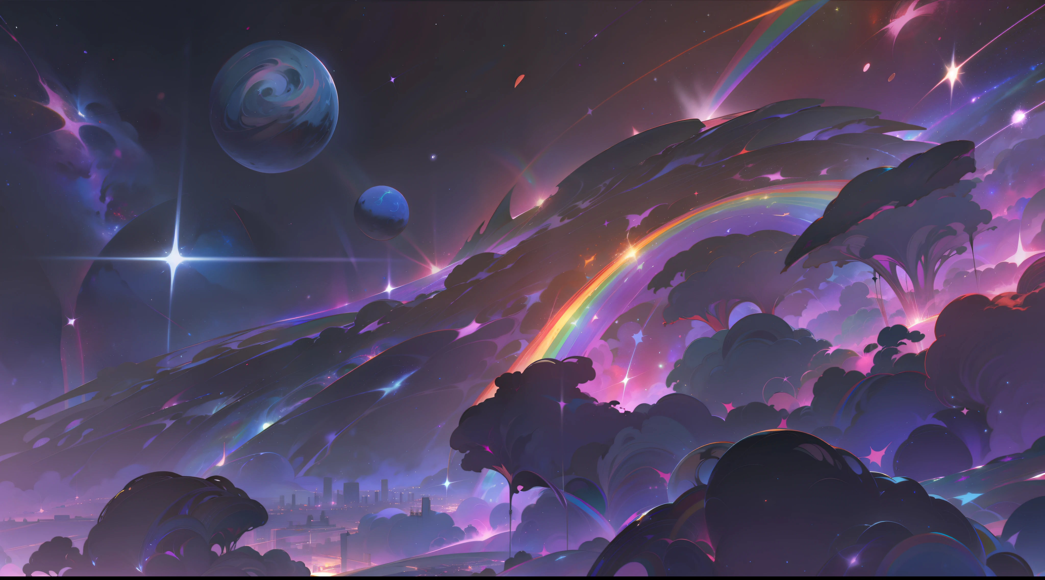 rainbow colored cosmic nebula background, stars, galaxies, a city in the universe