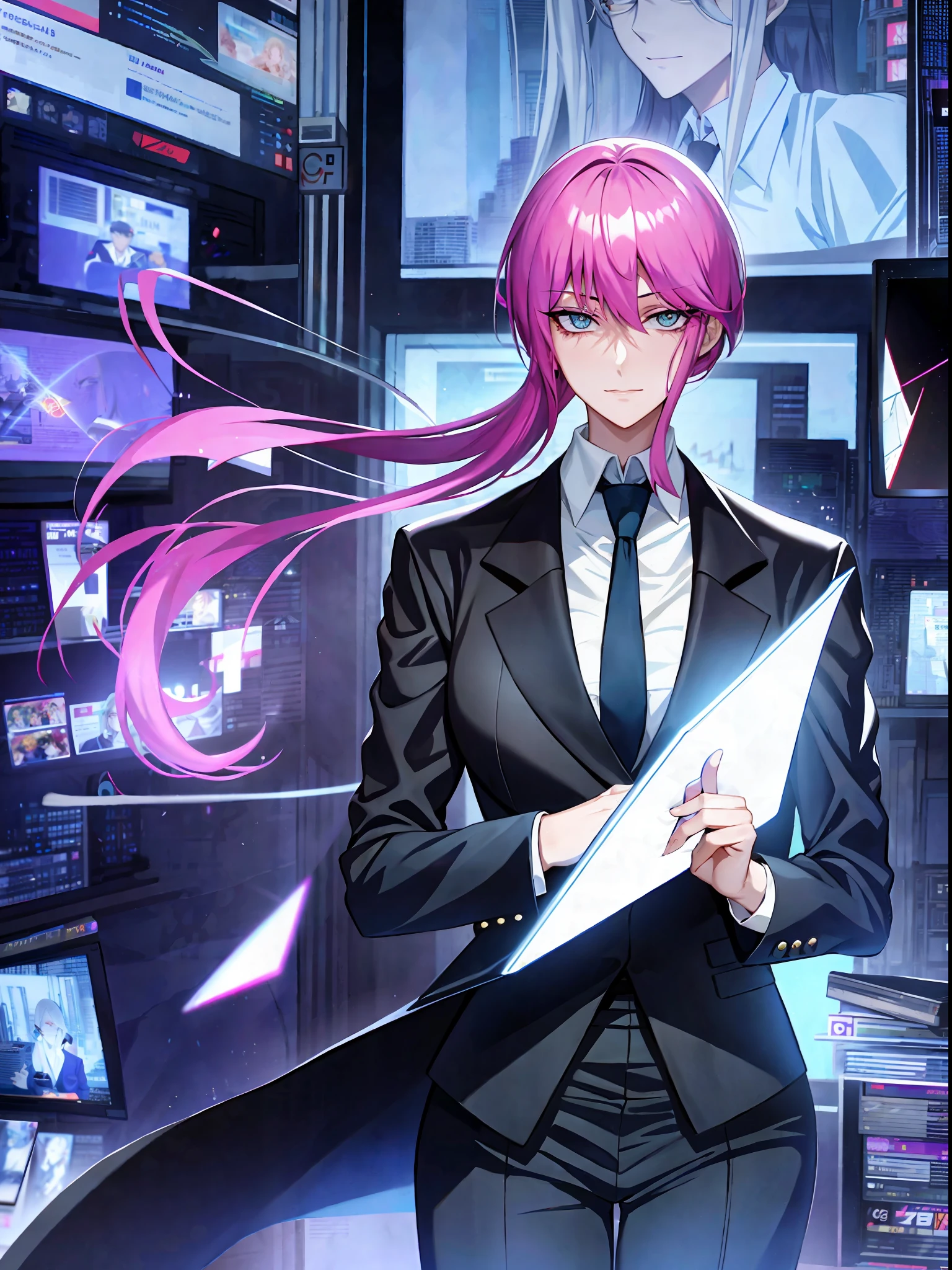 arafed woman in a business suit holding a tablet computer, anya from spy x family, manhwa, wearing a strict business suit, webtoon, colored manga panel, color manga panel, joe biden as an anime villain, in a strict suit, among us character, kda, still from tv anime, sui ishida art manga, in strict suit