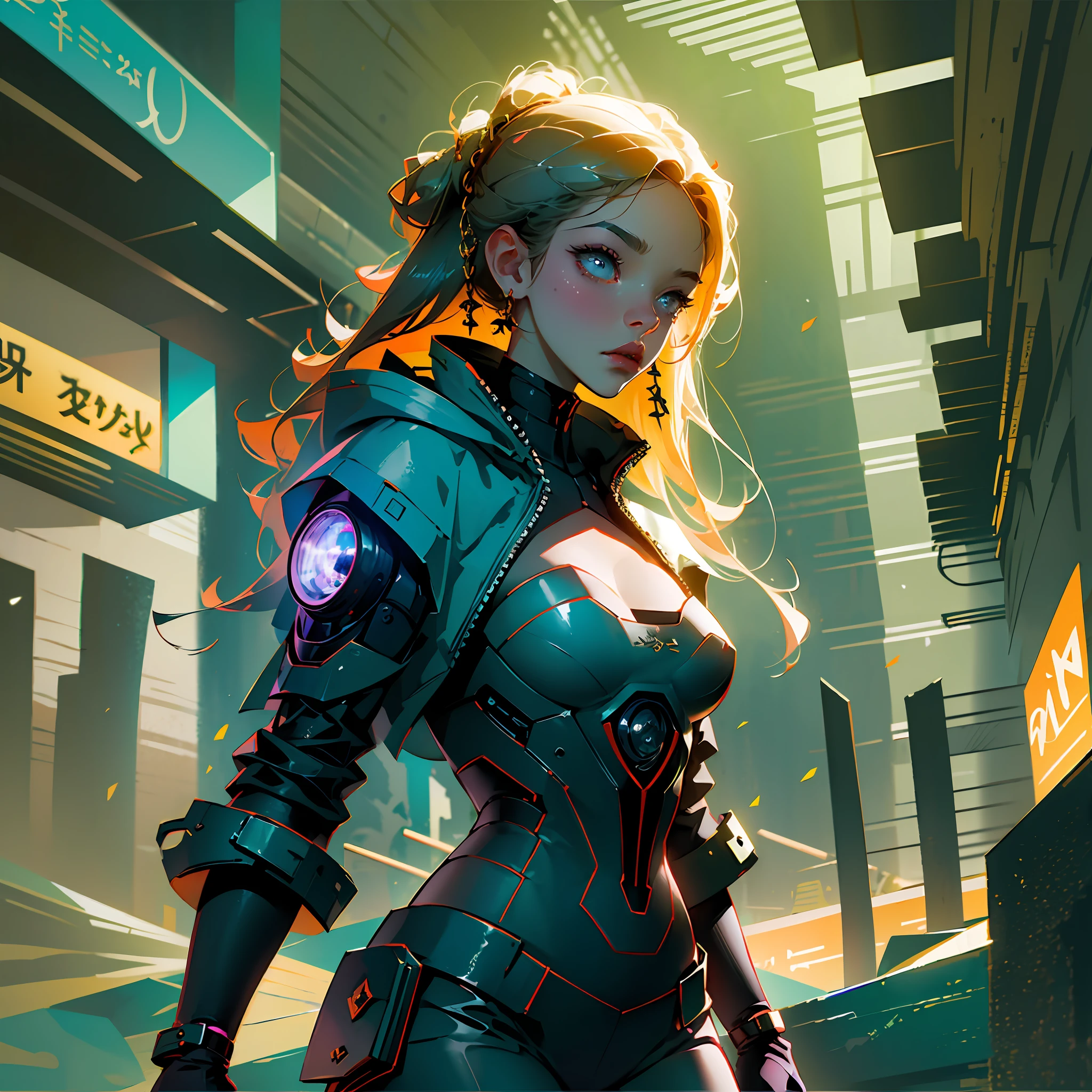 art by Charlie Bowater, cyberpunk ginger vixen at central plaza of post apocalyptic city, Light field photography, wide angle lens f/2.8, ultra insane high resolution intricate textures, texture indentation, 32k raw professional photo, perfect perspective, perfect geometry, ultra insane ambient lighting, ultra insane ambient shadows, luminism, ultra intricate, detailed ultra busy background, bouncing lighting, tessellation, ultra maximalism, IPA Award wining masterpiece