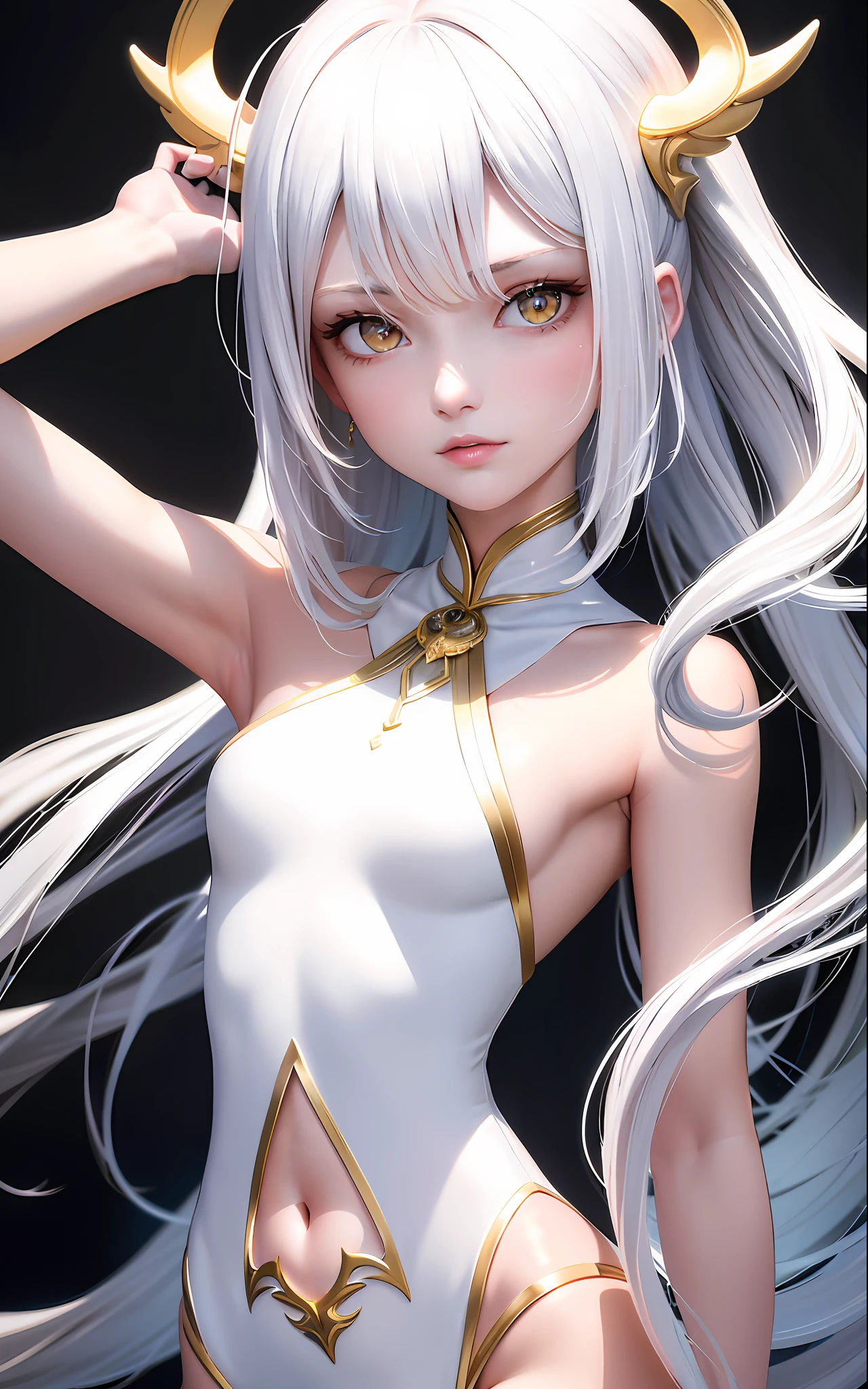 Superb and masterpiece, high resolution, best quality, UHD, super detail, award-winning, 16k, upper body, a beautiful girl, white hair, hair, ((golden eyes)), hanging eyes, fair skin, small breasts, slender figure, white clothes, white short jacket