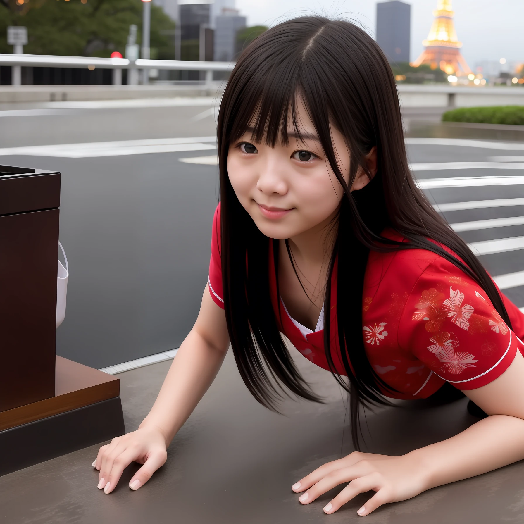 Japan beautiful woman with long hair doing push-ups under Tokyo Tower