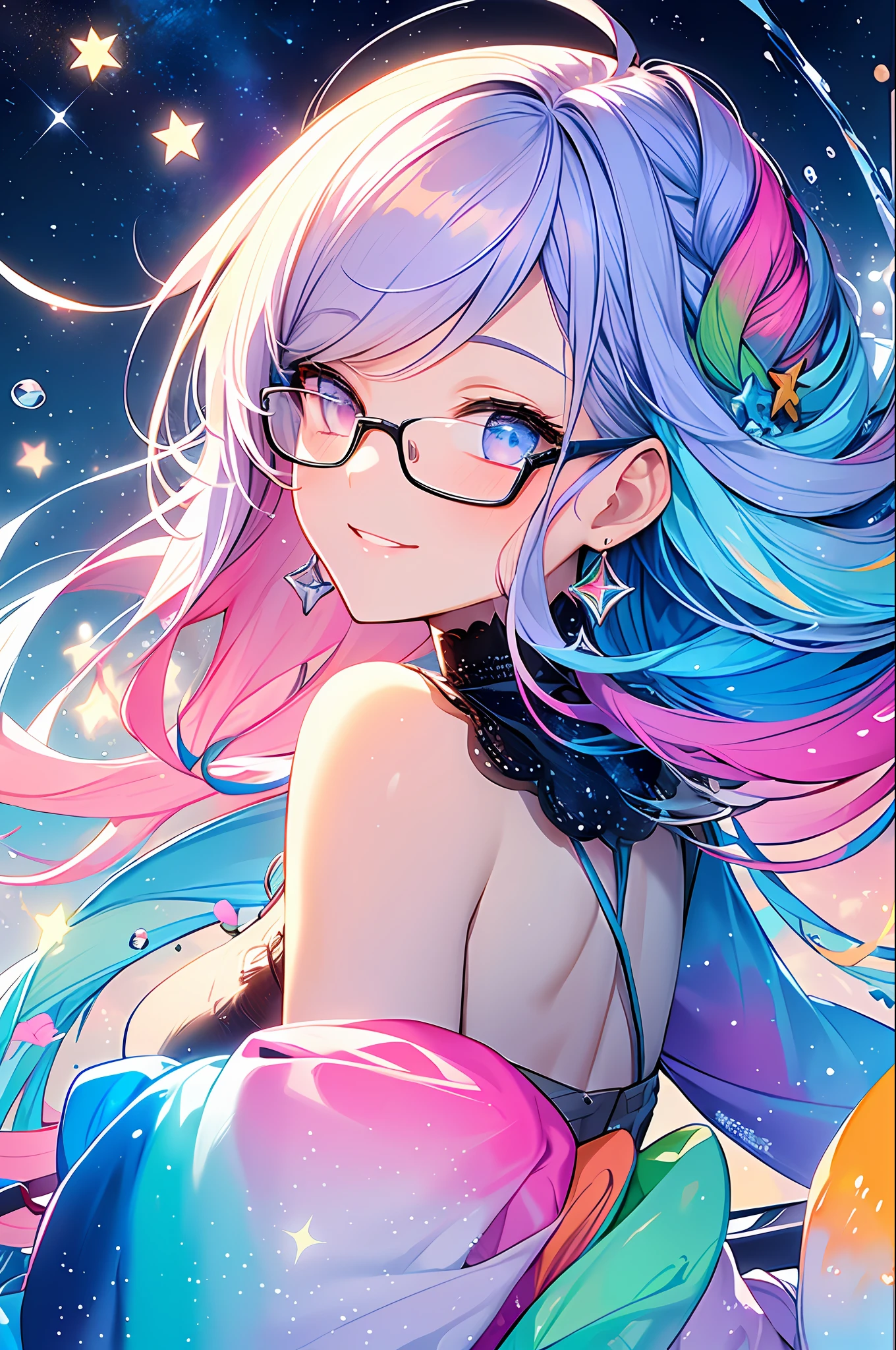 (Masterpiece, Top Quality, Best Quality, Watercolor (Medium), Official Art, Beautiful and Aesthetic: 1.2), (1 Girl: 1.3), (Fractal Art: 1.3), Whole body, From the Side, Look at the Viewer, Pattern, (iridescent hair, Colorful hair, Half Blue and Half Pink Hair: 1.2), Water, Liquid, Cloud, Colorful, Starry Sky, Stars, Smile, Glasses, Close Up, Heterochromia, (Colorful: 1.5)