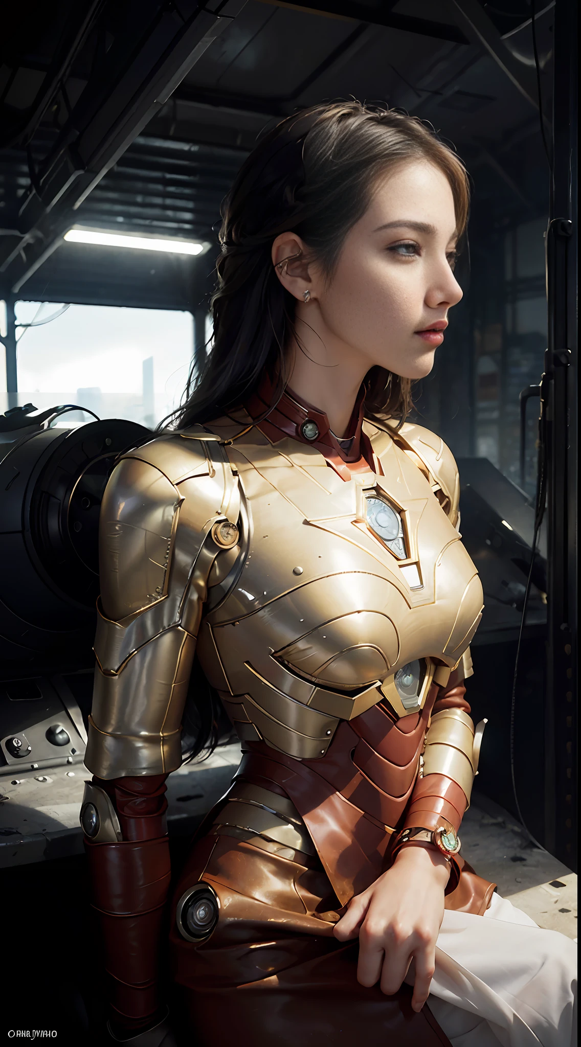RAW, Masterpiece, Ultra Fine Photo,, Best Quality, Ultra High Resolution, Photorealistic, Sunlight, Full Body Portrait, Stunningly Beautiful,, Dynamic Poses, Delicate Face, Vibrant Eyes, (Side View) , she is wearing a futuristic Iron Man mech, red and gold color scheme, highly detailed abandoned warehouse background, detailed face, detailed and complex busy background, messy, gorgeous, milky white, high detailed skin, realistic skin details, visible pores , sharp focus, volumetric fog, 8k uhd, dslr camera, high quality, film grain, fair skin, photorealism, lomography, sprawling metropolis in futuristic dystopia, view from below, translucent