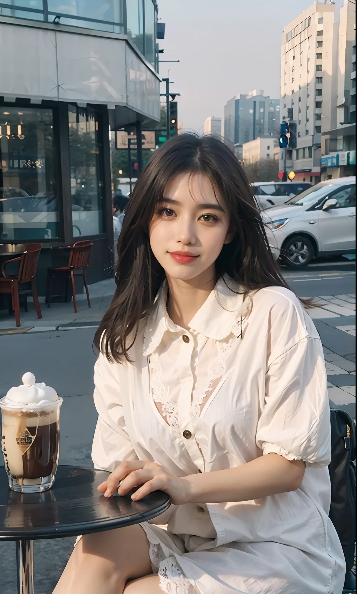 NSFW, (8k, best quality, master:1.2), (realistic, photo-realistic:1.37), super detailed, 1 girl, looking at the audience, cute, beautiful detailed sky, detailed café, sitting at the table for afternoon tea, full body, (smile: 1.15), shut up, (((large breast)), burst shirt buttons, beautiful delicate eyes, (collared shirt: 1.1), Daytime, Sunshine, White Lace, (Long Hair:1.4), Shoulder-length Hair, Silver Hair, Uniform, White Skin, Movie Light, Street Light, (Sexiest Actress: 1.4), Full Body Photo, (Coffee Table:1), (Handbag: 1), Ulzzang-6500-V1.1:0.3, Karinak-4501-6300:1.2