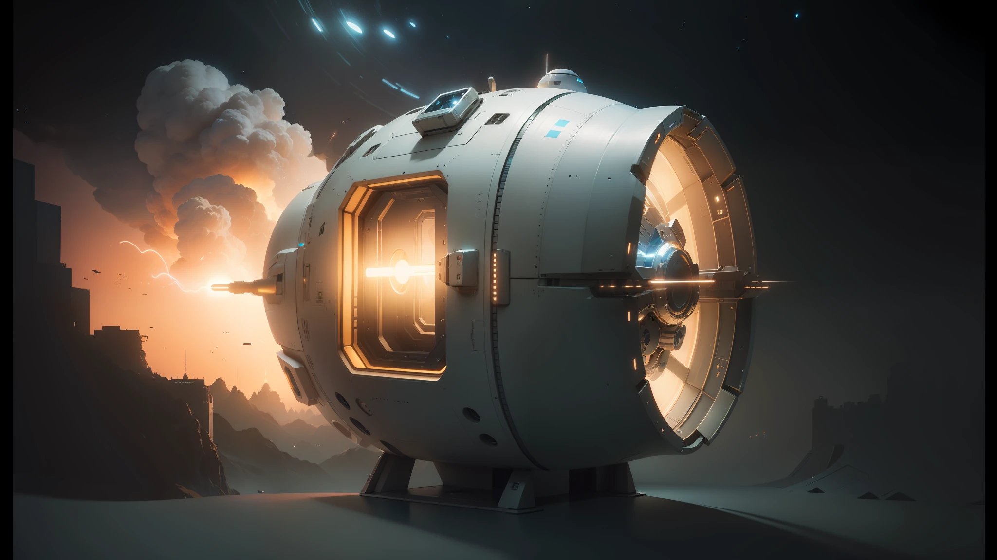 a close up of a spaceship with a light coming out of it, by Mike Winkelmann, beeple and mike winkelmann, inspired by Mike Winkelmann, cgsociety 9, maxon cinema 4d, unreal engine cinema4d, redshift houdini, by Filip Hodas, futuristic. game cg, giant crypto vault --auto --s2