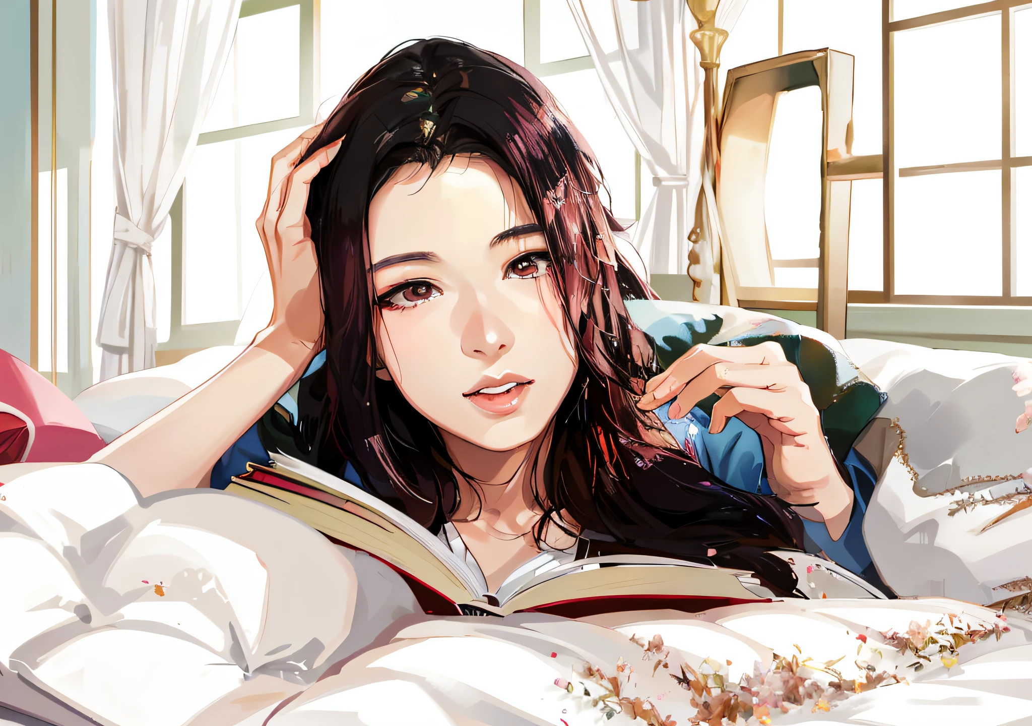 there is a woman laying in bed reading a book, korean girl, beautiful young korean woman, gorgeous young korean woman, beautiful south korean woman, young adorable korean face, chinese girl, korean woman, young asian girl, a young asian woman, asian girl with long hair, beautiful asian girl, realistic. cheng yi, young cute wan asian face, portrait of female korean idol