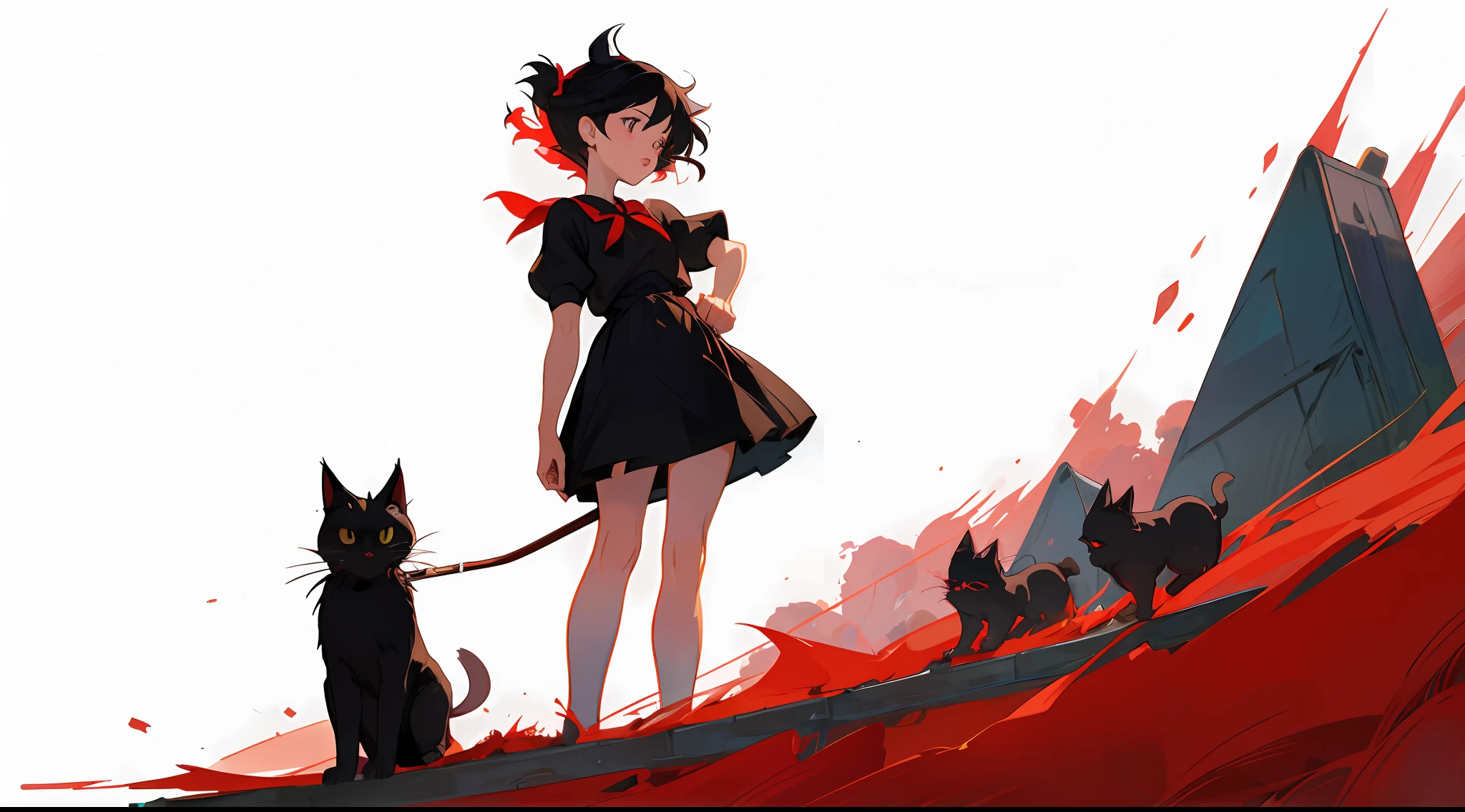 full body girl, Kiki, from kiki delivery service, ghibli studio, standing, short black hair, big red hair bow, flat white background, next to Jiji, her black kitten