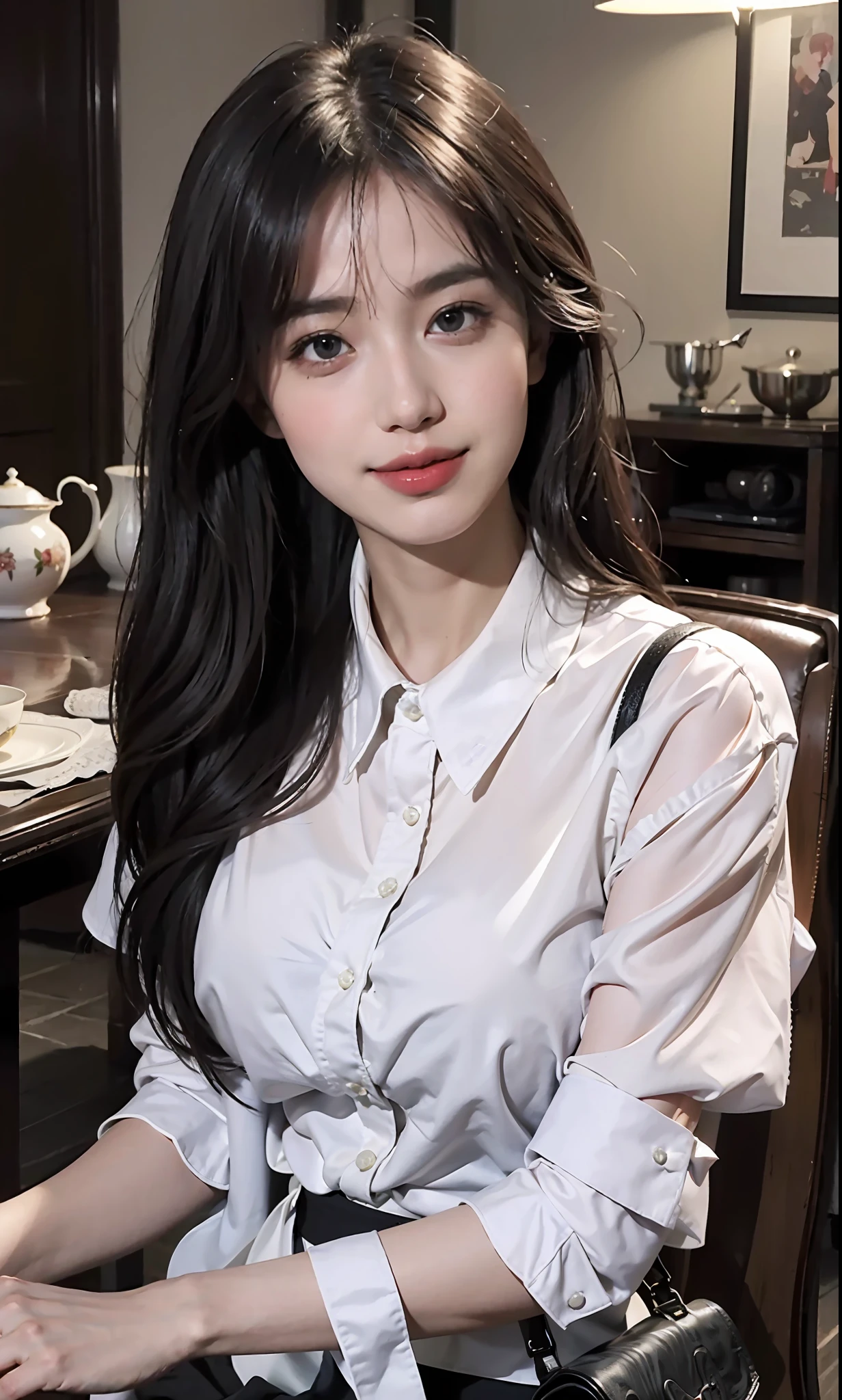 NSFW, (8k, best quality, master:1.2), (realistic, photo-realistic:1.37), super detailed, 1 girl, looking at the audience, cute, beautiful detailed sky, detailed café, sitting at the table for afternoon tea, full body, (smile: 1.15), shut up, (((large breast)), burst shirt buttons, beautiful delicate eyes, (collared shirt: 1.1), Daytime, Sunshine, White Lace, (Long Hair:1.4), Shoulder-length Hair, Silver Hair, Uniform, White Skin, Movie Light, Street Light, (Sexiest Actress: 1.4), Full Body Photo, (Coffee Table:1), (Handbag: 1), Ulzzang-6500-V1.1:0.3, Karinak-4501-6300:1.2