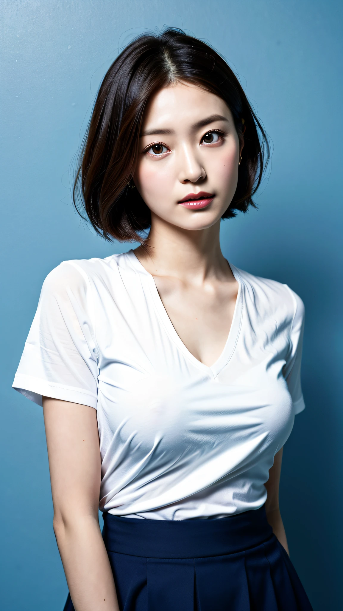 (Best quality, 8k, 32k, Masterpiece, UHD:1.2),Photo of Pretty Japanese woman, large breasts, very short bob hair, face focus, empty blue background, looking at viewer, white blouse and white skirt, jumping