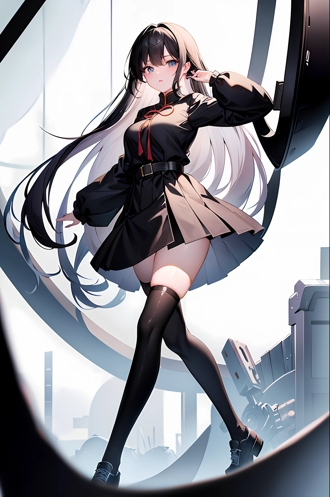 ((masterpiece, best_quality)), 1girl, (真实感:1.4), solo, white_background, black_hair, long_hair, zettai_ryouiki, skirt, ((full_body)),大屁屁,不穿内衣
