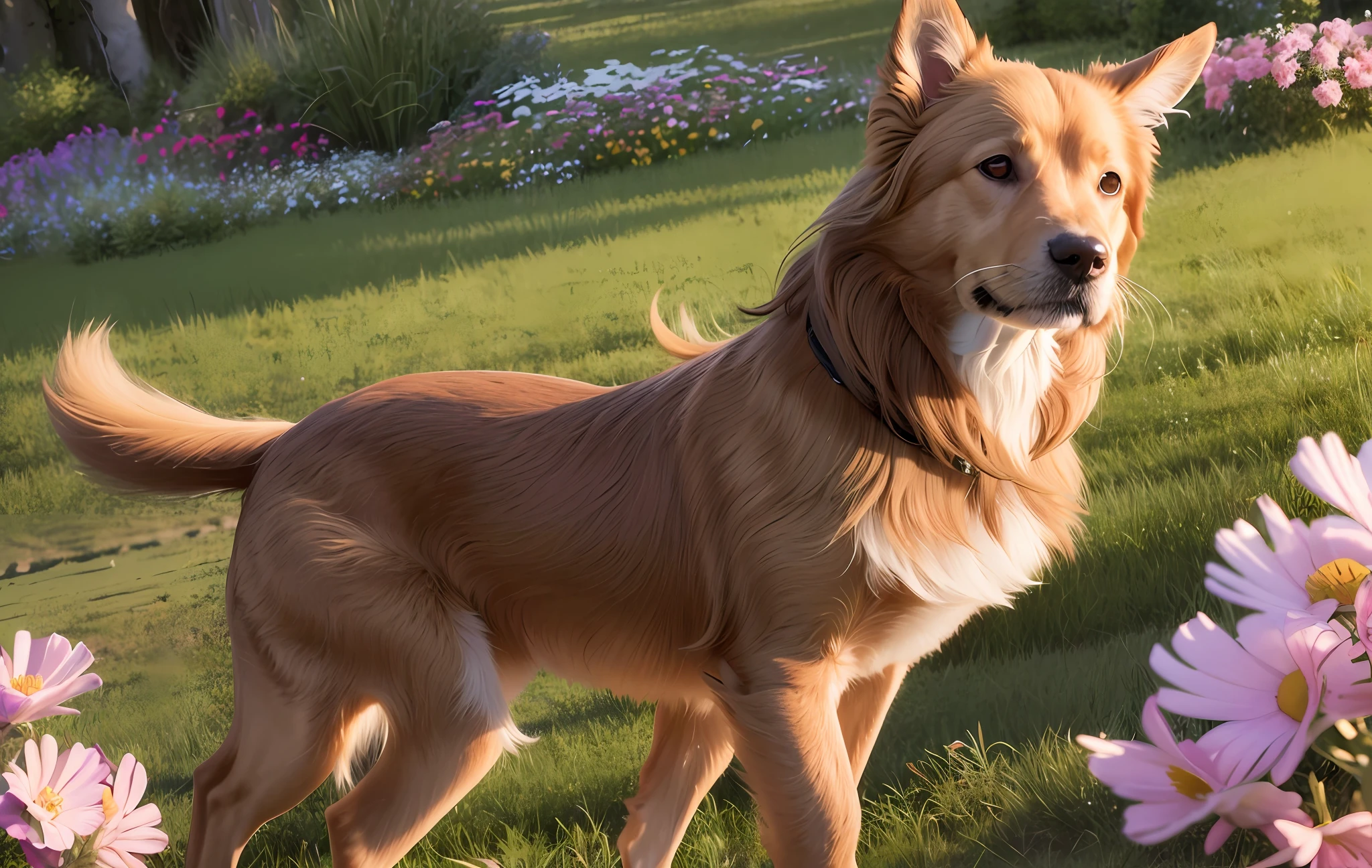 One dog, the body hair from the ears to the back is bushy light brown long hair. A slender, medium-sized dog with brown eyes and gentle eyes. RunningRunning in a meadow full of flowers during the dayBeautiful flowers blooming long hairFine eyes and adorable top quality masterpiece shining on the faceVery delicate and beautiful CG Unity 8K wallpaper, wonderful, elaborate, masterpiece, highest quality, official art, highly detailed CG Unity 8K wallpaper, ultra high resolution, ultra high definition, (highest quality), (realistic, photorealistic: 1.2), 8K, soft lighting, high quality, official art, highly detailed CG Unity 8K wallpapers, cinematic lighting.