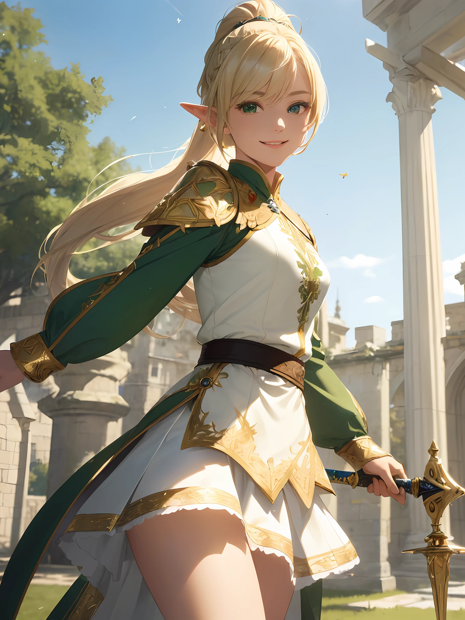 (((Masterpiece, highest quality, high definition, high detail)))), ((((Fantasy)))), one, (Elf Queen)))), (White short skirt with gold embroidery), (Blonde long ponytail hair), (Glossy dark green eyes), (Green surcoat embroidered with gold), Big, (Training center in the courtyard of the castle)), Destruction, (Training in swordsmanship), Destruction, ((Rapier)), (Sword shooting), tilting your head, smiling, (breeze), particles of light flying