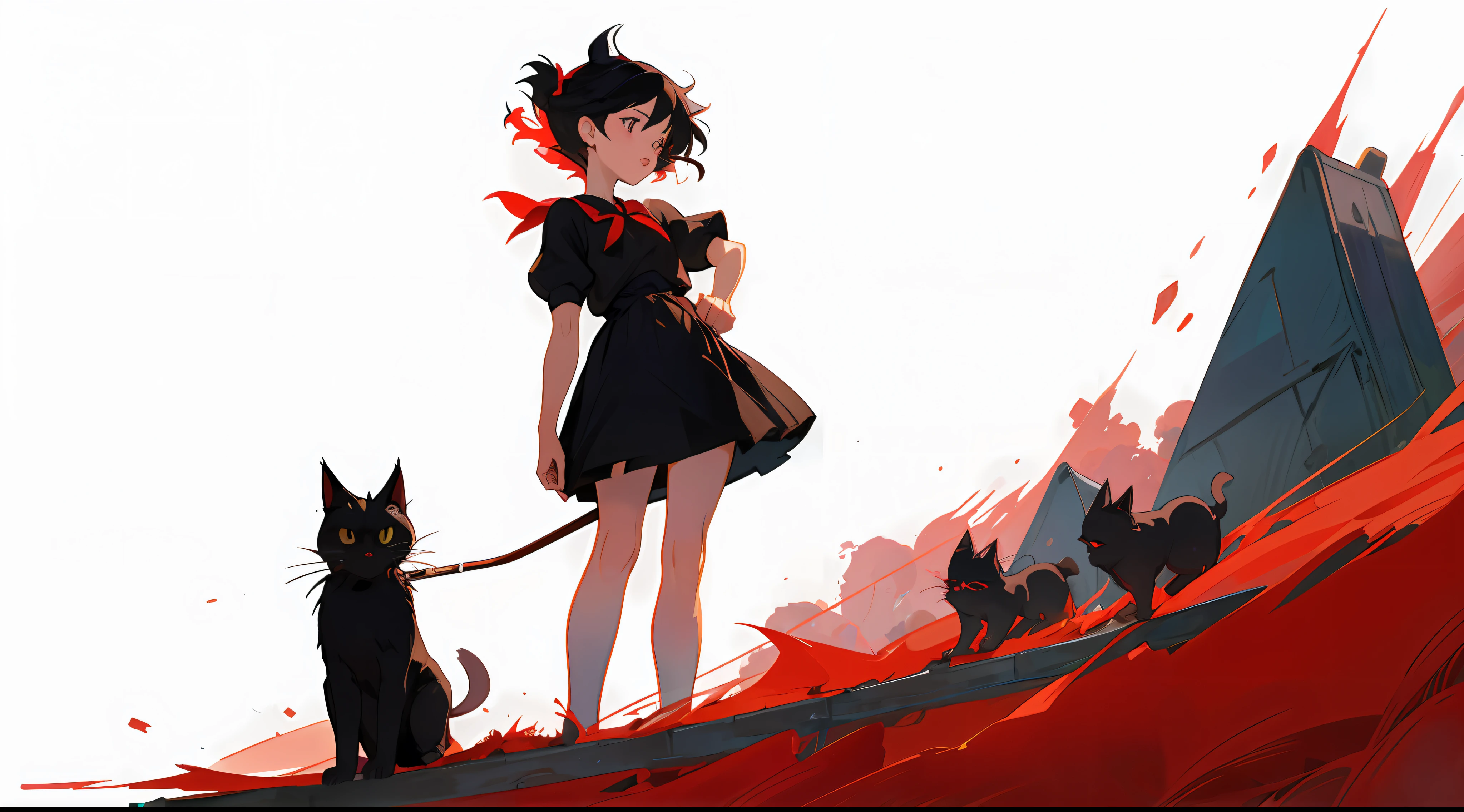 full body girl, Kiki, from kiki delivery service, ghibli studio, standing, short black hair, big red hair bow, flat white background, next to Jiji, her black kitten