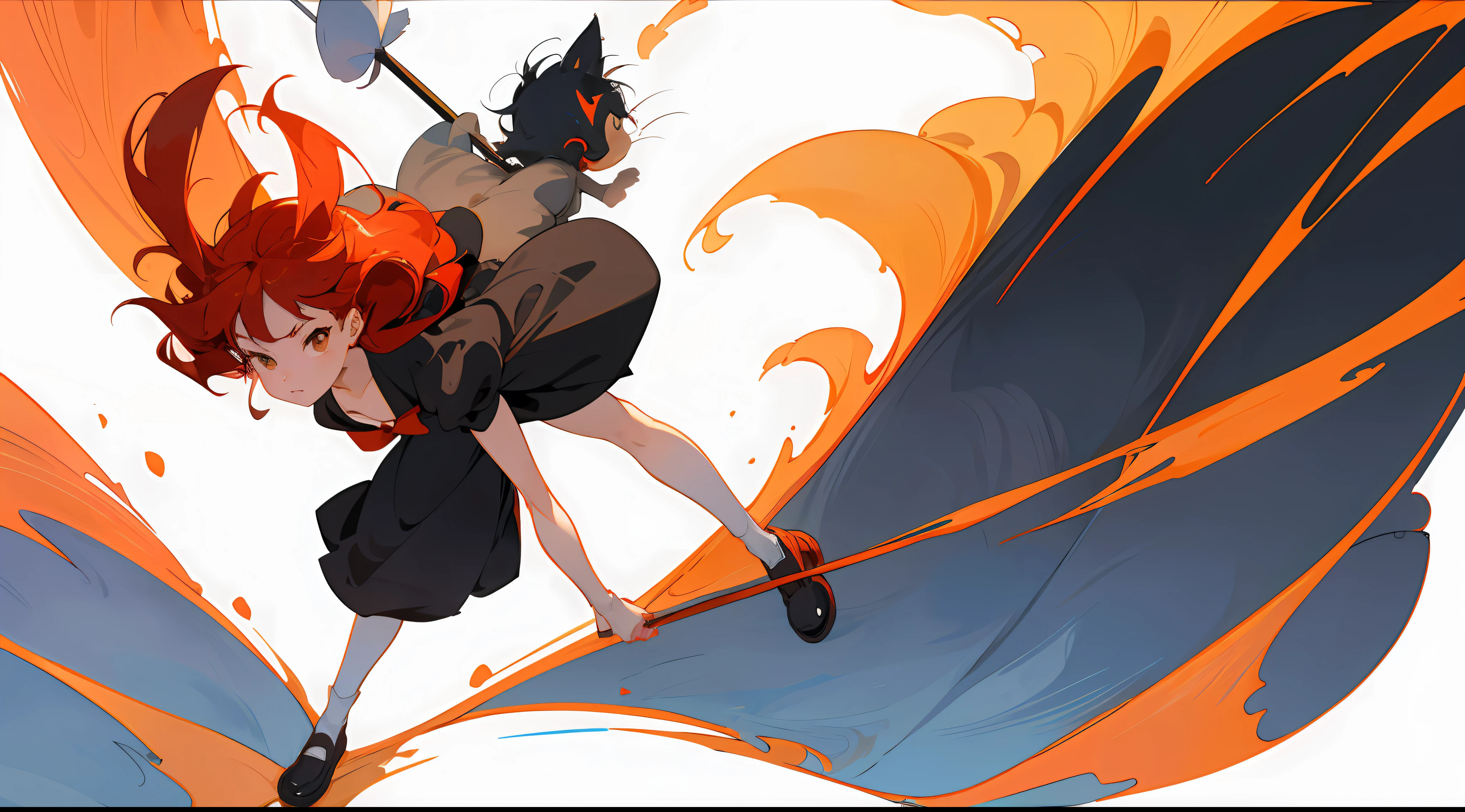 full body girl, Kiki, from kiki delivery service, ghibli studio, standing, short black hair, big red hair bow, flat white background, next to Jiji, her black kitten