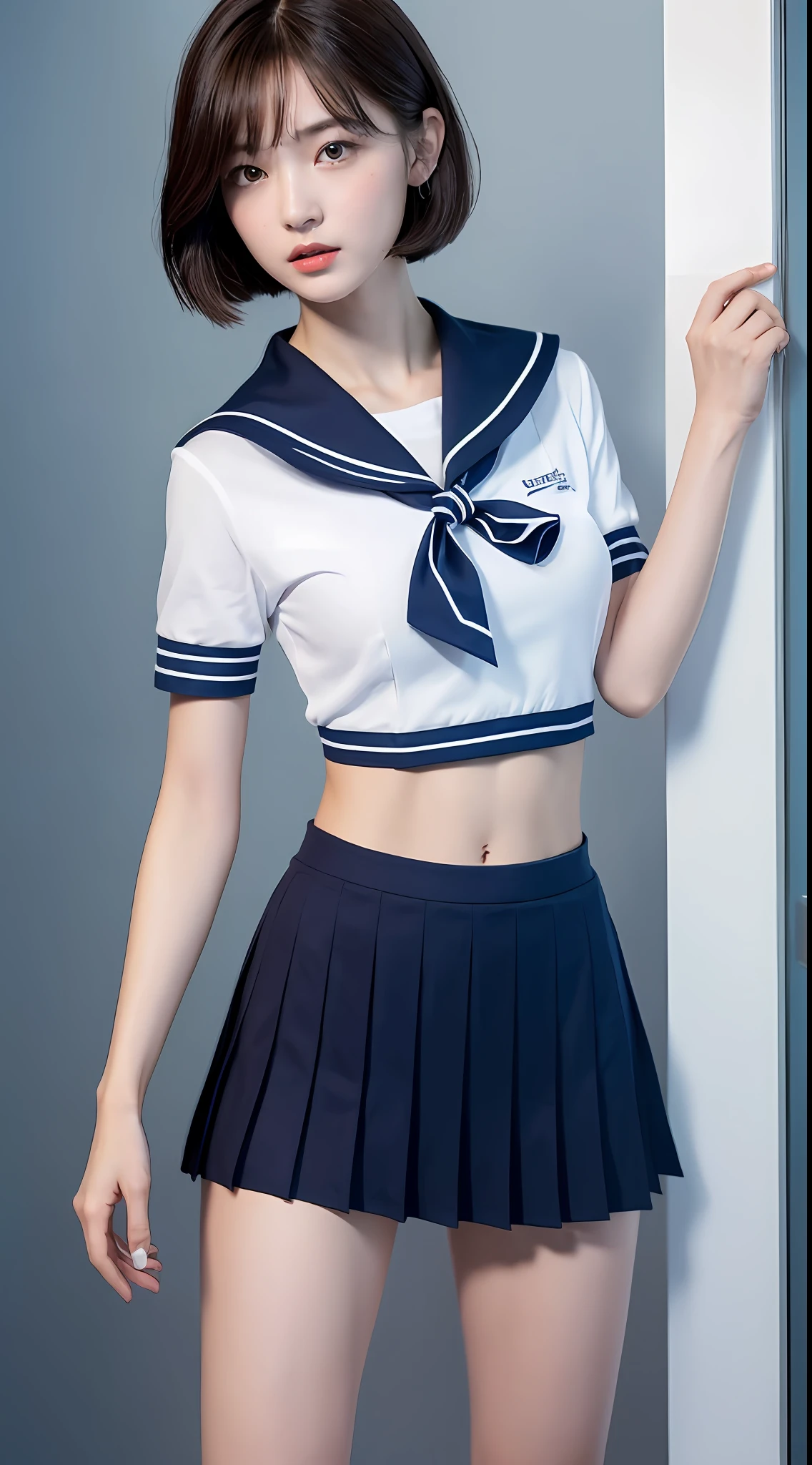 ((top quality, 8k, masterpiece: 1.3)), 1 girl, beauty with slender abs: 1.3, (medium short hair, big: 1.2), sailor suit: 1.1, ultra detailed face, detailed eyes, double eyelids, black pleated skirt, full body, navel
