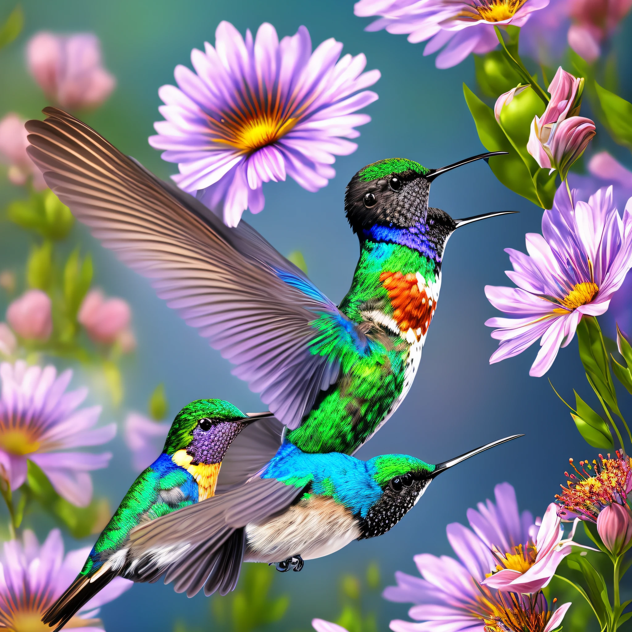 there is a bird that is flying in the air near some flowers, canvas print, bee hummingbird, beautiful nature, blue realistic 3 d render, hummingbird, beautiful natural background, hummingbirds, highly realistic photo, digital painting highly detailed, depicted as a 3 d render, blue bird, really beautiful nature, painting of a hummingbird, insects and birds, digital art. highly detailed --auto --s2