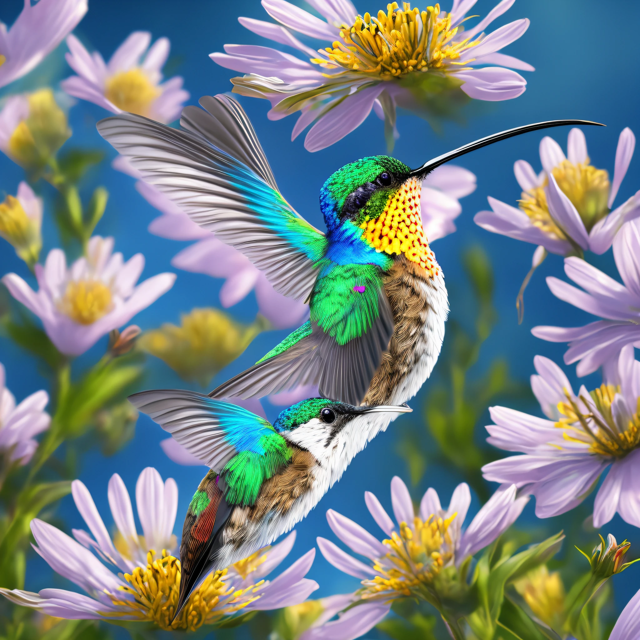 there is a bird that is flying in the air near some flowers, canvas print, bee hummingbird, beautiful nature, blue realistic 3 d render, hummingbird, beautiful natural background, hummingbirds, highly realistic photo, digital painting highly detailed, depicted as a 3 d render, blue bird, really beautiful nature, painting of a hummingbird, insects and birds, digital art. highly detailed --auto --s2
