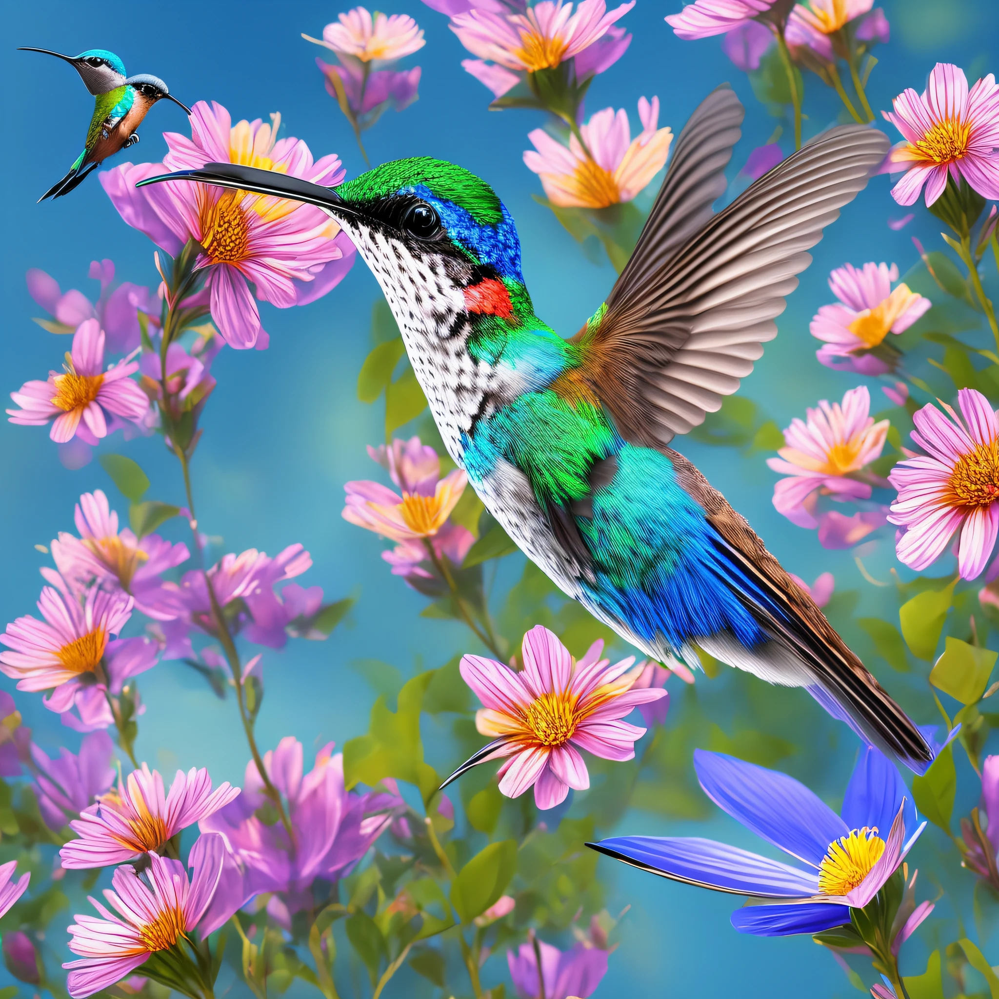 there is a bird that is flying in the air near some flowers, canvas print, bee hummingbird, beautiful nature, blue realistic 3 d render, hummingbird, beautiful natural background, hummingbirds, highly realistic photo, digital painting highly detailed, depicted as a 3 d render, blue bird, really beautiful nature, painting of a hummingbird, insects and birds, digital art. highly detailed --auto --s2
