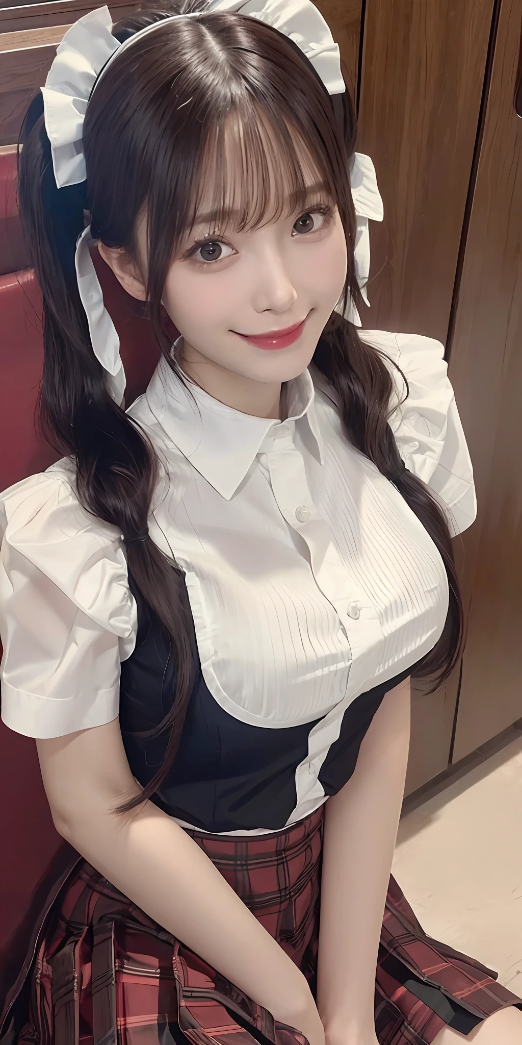 Shirt, Pleated Skirt, [: (Face Detail: 1.2): 0.2], Raw Photo, (Best Quality), High Resolution, (Realistic, Photorealistic: 1.2), Ultra High Definition, One Girl, Airbang, Maid, Twin Tails, Smiling, Sitting