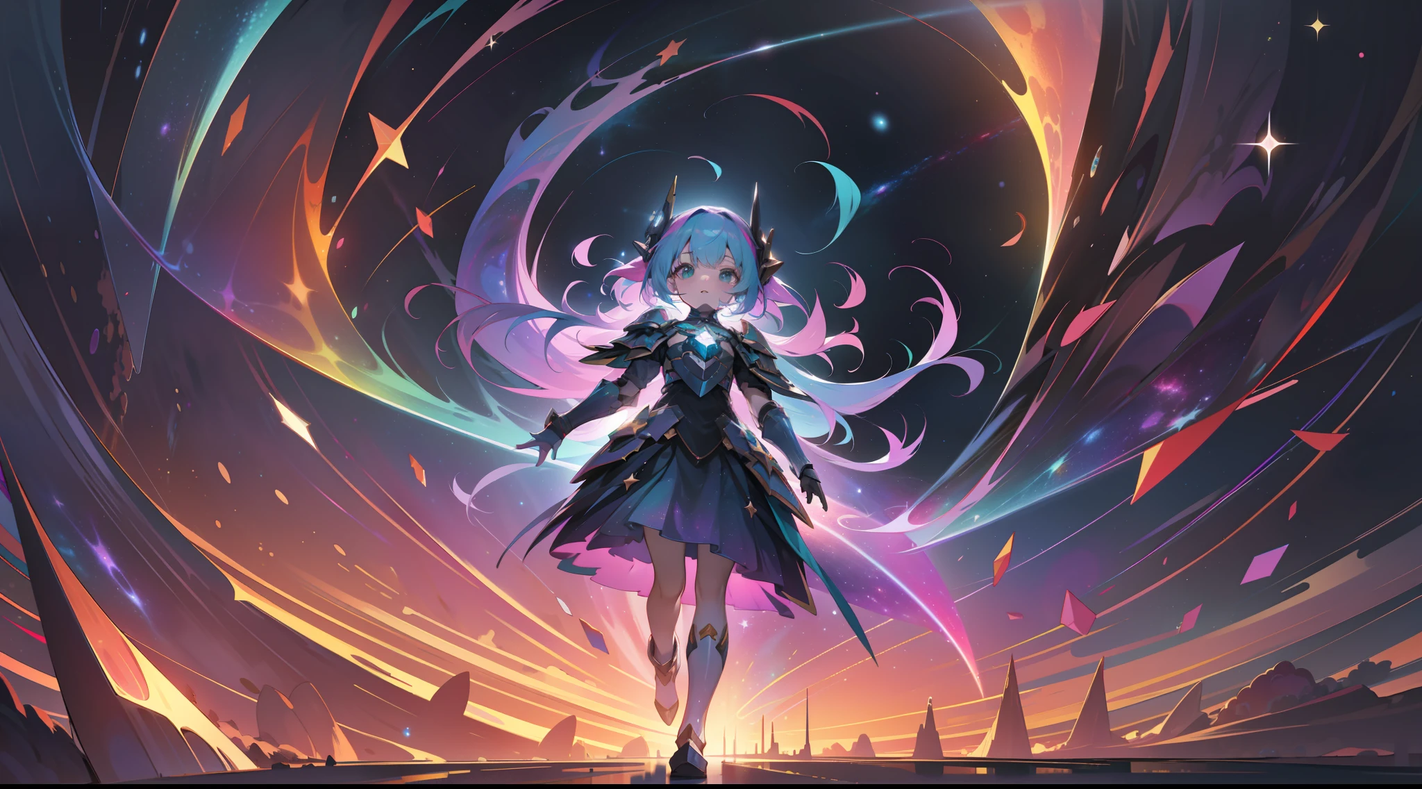 a with rainbow colored hair and teal dress armor, walking in the stars, rainbow colored cosmic nebula background, stars, galaxies