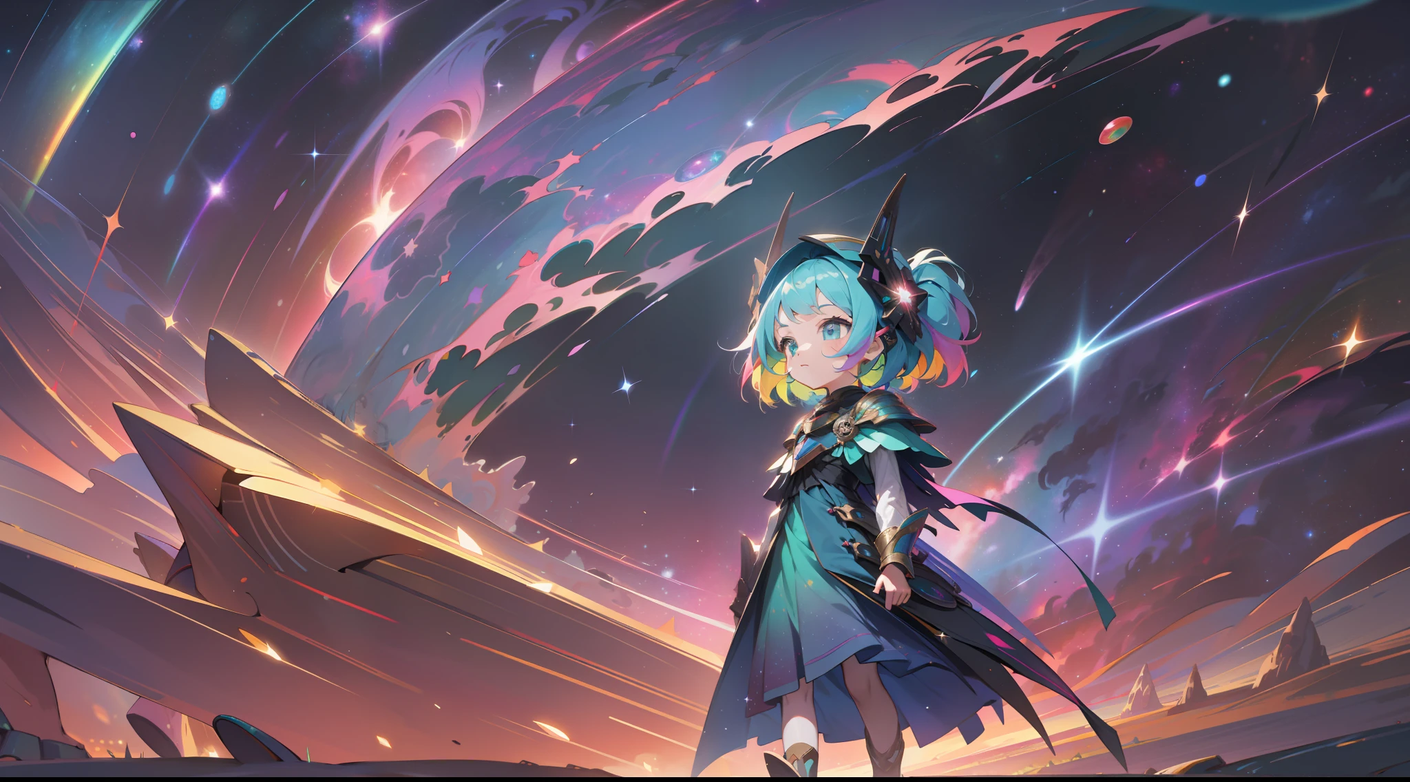 a little girl with rainbow colored hair and teal dress armor, walking in the stars, rainbow colored cosmic nebula background, stars, galaxies