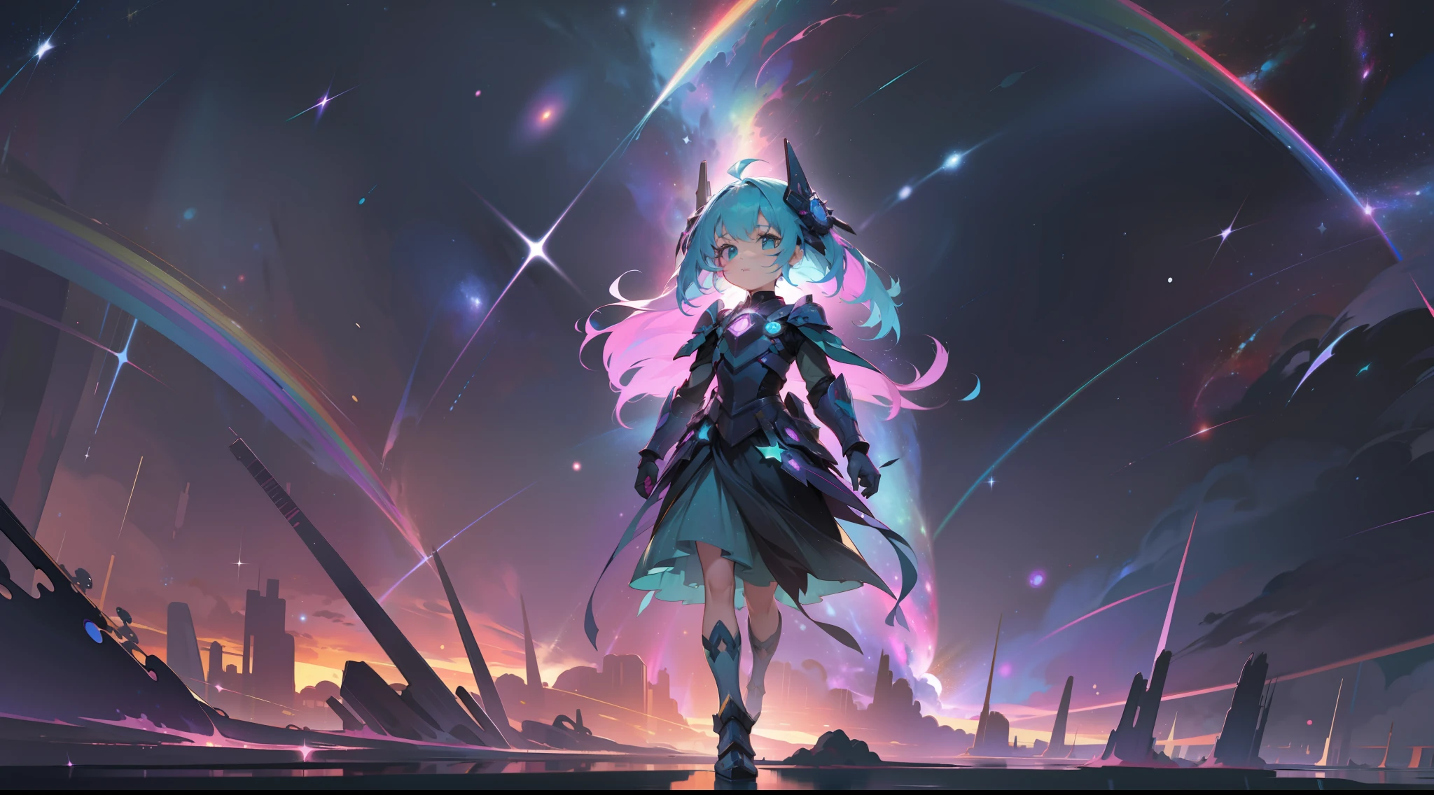 a little girl with rainbow colored hair and teal dress armor, walking in the stars, rainbow colored cosmic nebula background, stars, galaxies