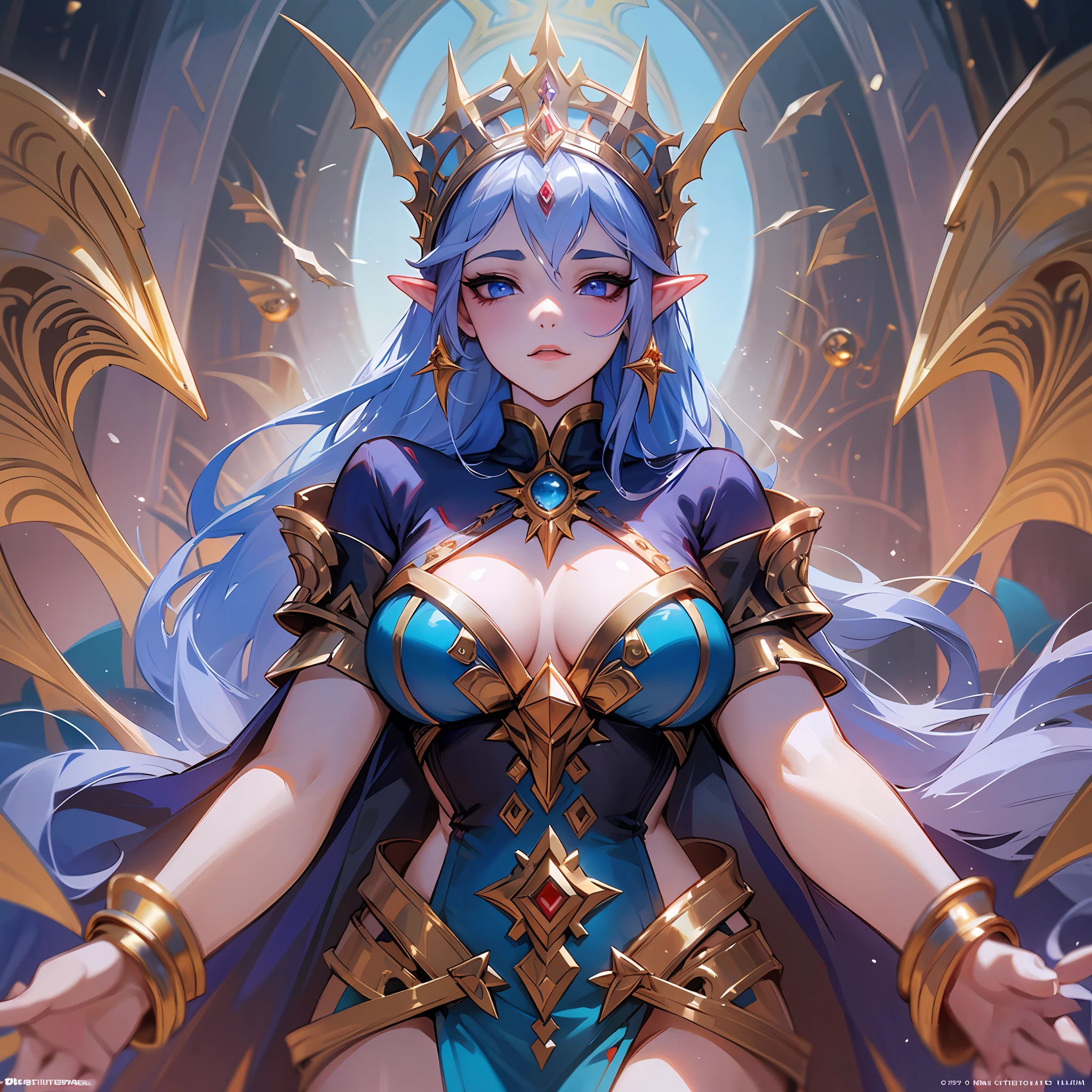 Sure! Queen Azshara is a female character from the Warcraft universe. She is known for her beauty, grace, and power, which are reflected in her appearance. She has long, flowing hair that is a mix of blue and green, and her eyes are also a bright green color. Her skin is a light blue-purple hue, and she has pointed ears like many other Warcraft characters.
Queen Azshara wears a regal gown made of shimmering blue fabric, with gold and silver accents. The dress is off-the-shoulder and has a low neckline, with gold jewelry adorning her neck and arms. She wears a long, flowing cape made of the same shimmering blue fabric as her dress, with a gold clasp at the neck.
Despite her regal appearance, Queen Azshara is also a powerful sorceress. She has the ability to control water and summon powerful sea creatures to do her bidding. In some depictions, she has a mermaid-like appearance, with a fishtail instead of legs.
Overall, Queen Azshara is a formidable and memorable character in the Warcraft universe, with a stunning and regal appearance that befits her status as a queen.