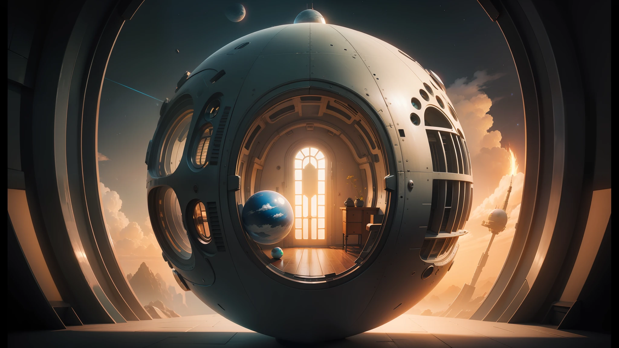 there is a large sphere shaped object with a door in it, cgsociety 9, by Mike Winkelmann, beeple and mike winkelmann, 3 d scifi art, futuristic room background, highly detailed surreal vfx, futuristic. game cg, intricate ornate anime cgi style, mind-bending digital art, by Filip Hodas, fantasy space --auto --s2