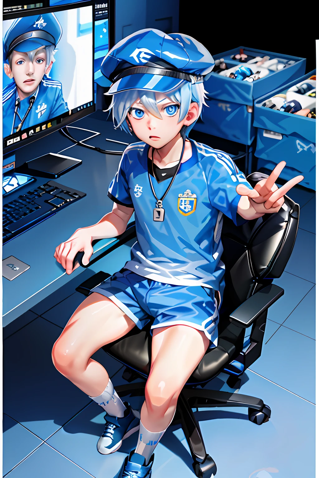 Top Quality: 1.0), (Ultra High Definition: 1.0), Anime Boy, Cap, Blue Eyes, Sitting in Front of Computer and Playing Games, Esports Room Background,