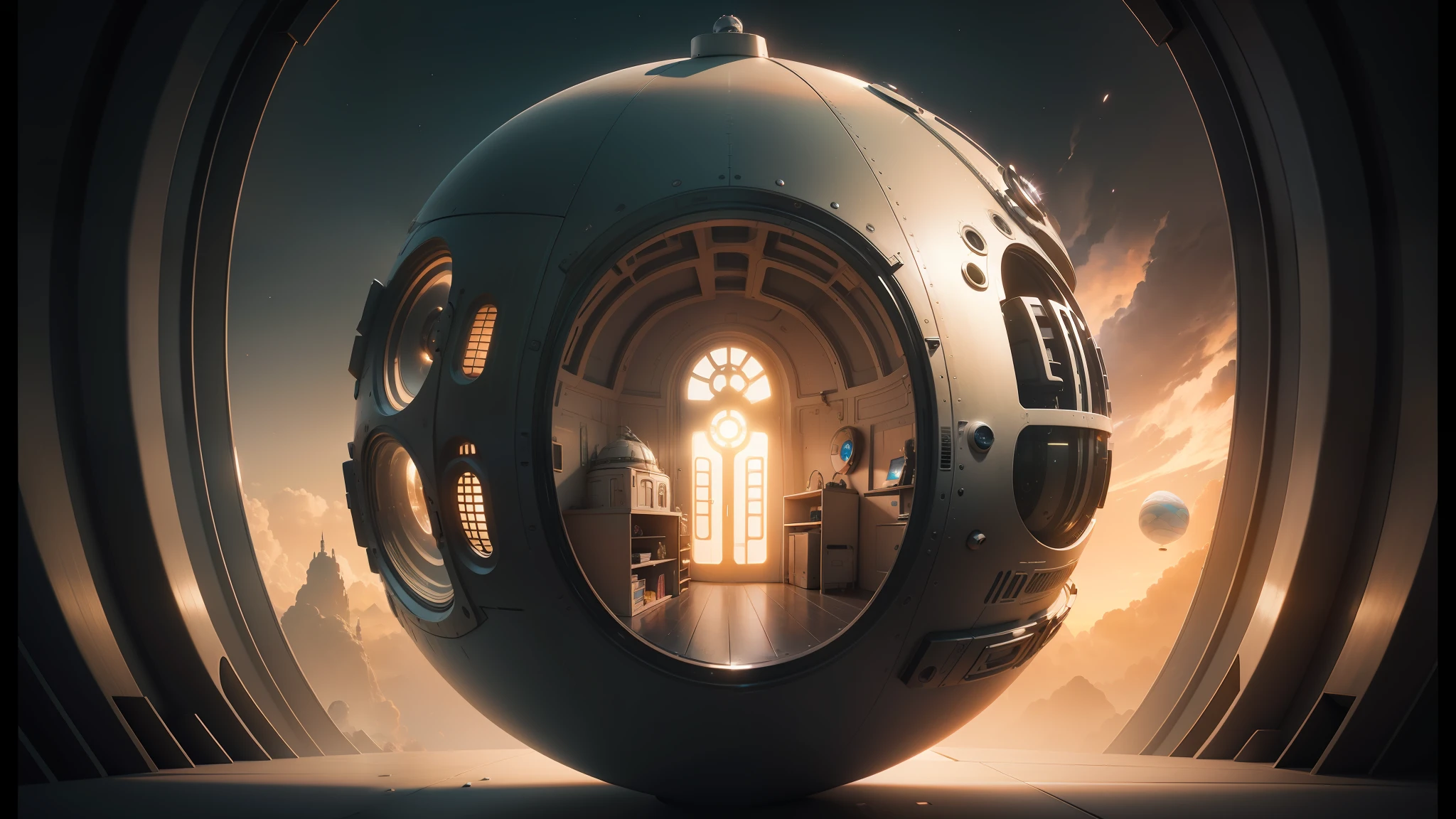 there is a large sphere shaped object with a door in it, cgsociety 9, by Mike Winkelmann, beeple and mike winkelmann, 3 d scifi art, futuristic room background, highly detailed surreal vfx, futuristic. game cg, intricate ornate anime cgi style, mind-bending digital art, by Filip Hodas, fantasy space --auto --s2
