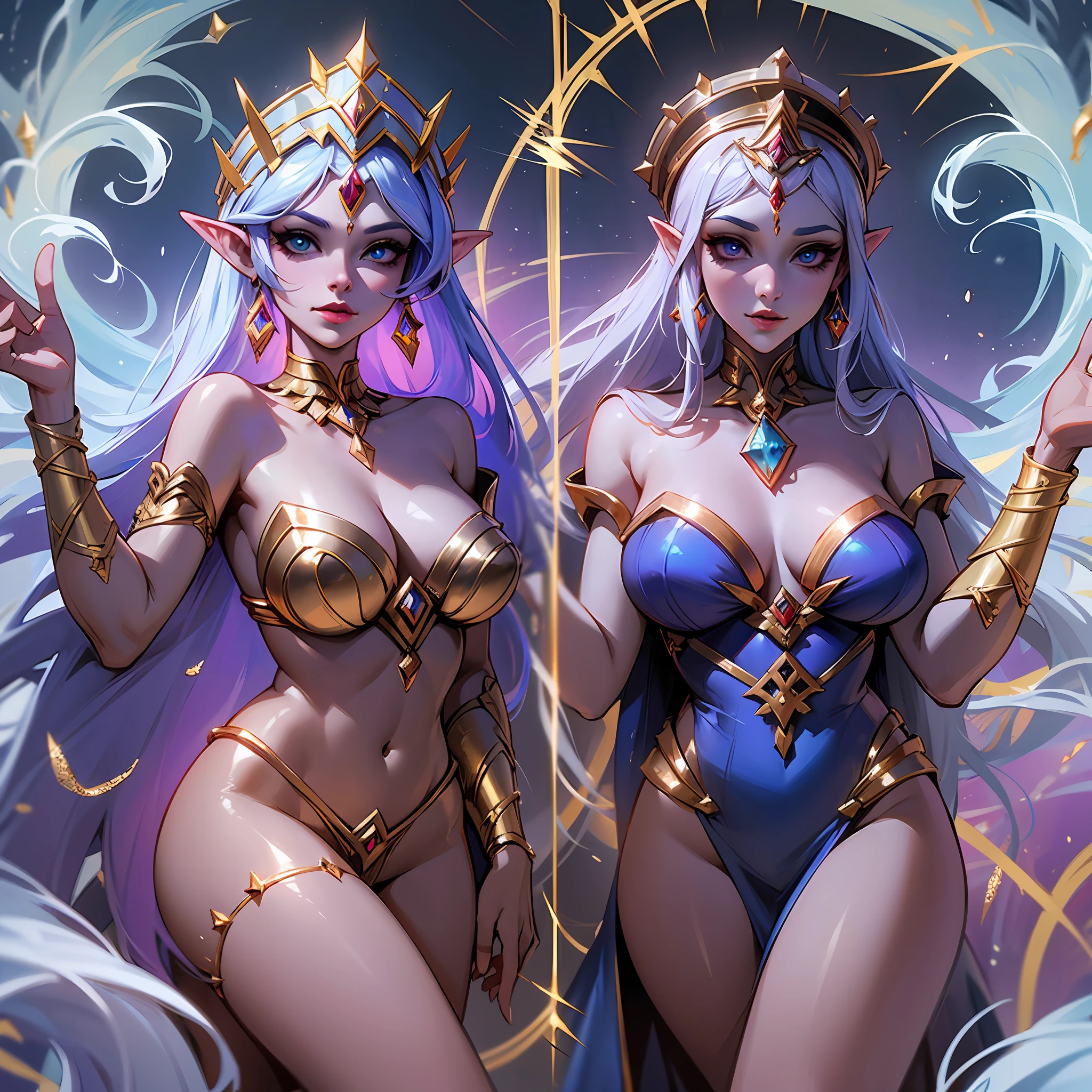Sure! Queen Azshara is a female character from the Warcraft universe. She is known for her beauty, grace, and power, which are reflected in her appearance. She has long, flowing hair that is a mix of blue and green, and her eyes are also a bright green color. Her skin is a light blue-purple hue, and she has pointed ears like many other Warcraft characters.
Queen Azshara wears a regal gown made of shimmering blue fabric, with gold and silver accents. The dress is off-the-shoulder and has a low neckline, with gold jewelry adorning her neck and arms. She wears a long, flowing cape made of the same shimmering blue fabric as her dress, with a gold clasp at the neck.
Despite her regal appearance, Queen Azshara is also a powerful sorceress. She has the ability to control water and summon powerful sea creatures to do her bidding. In some depictions, she has a mermaid-like appearance, with a fishtail instead of legs.
Overall, Queen Azshara is a formidable and memorable character in the Warcraft universe, with a stunning and regal appearance that befits her status as a queen.