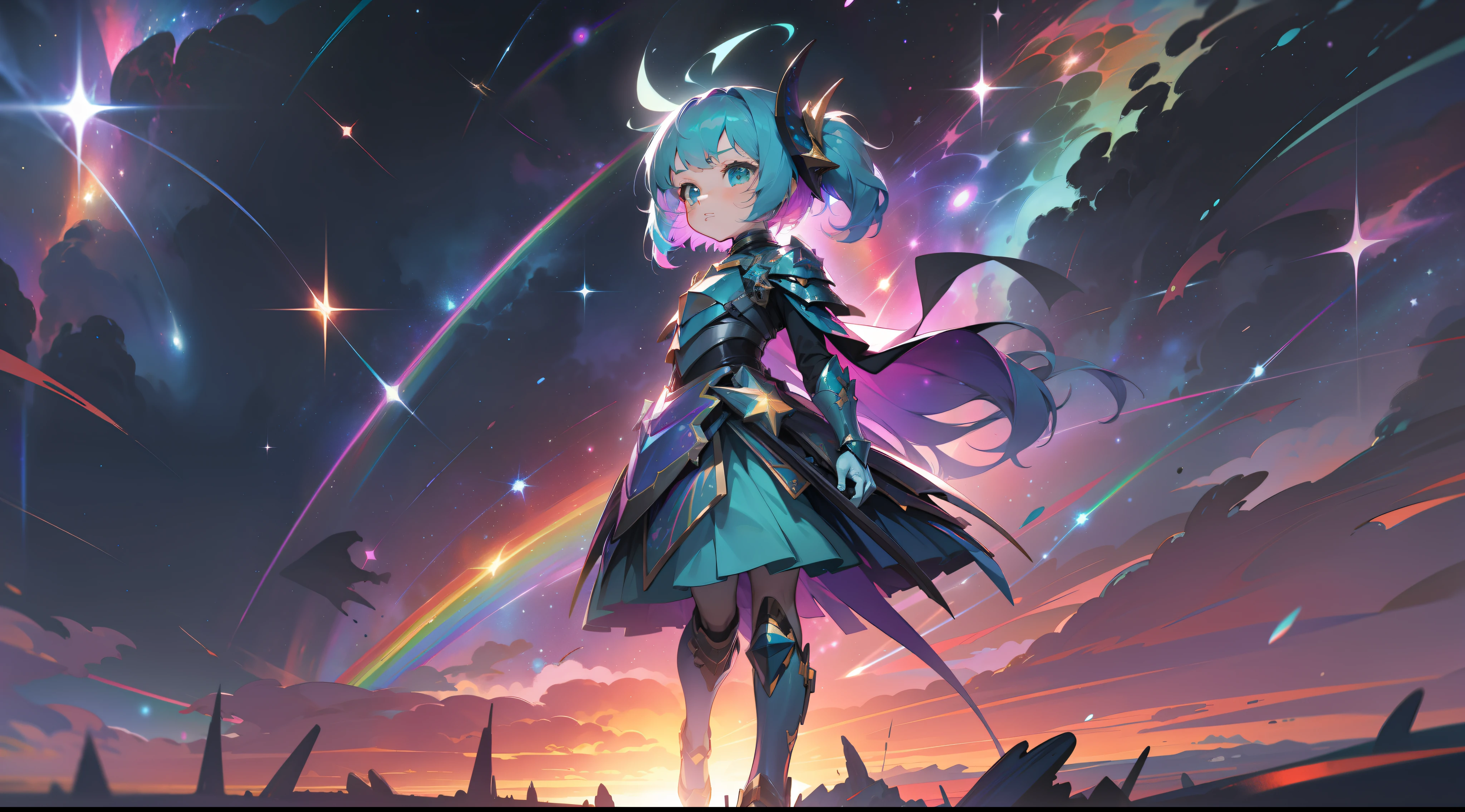 a  with rainbow colored hair and teal dress armor, walking in the stars, rainbow colored cosmic nebula background, stars, galaxies