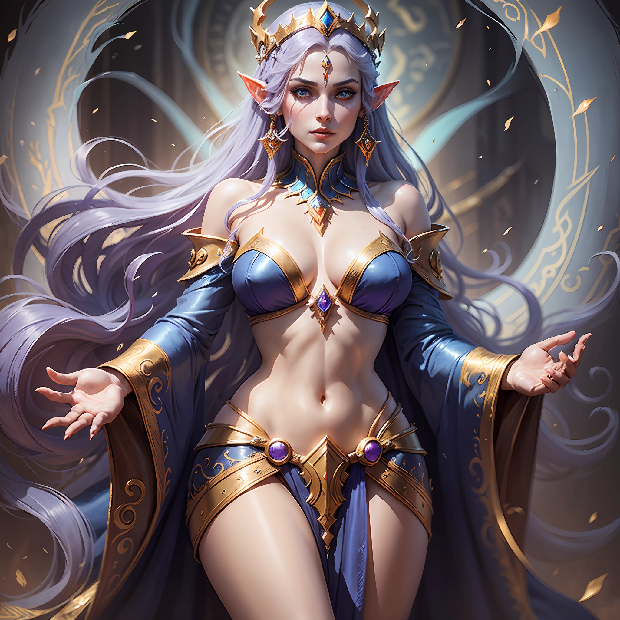 Sure! Queen Azshara is a female character from the Warcraft universe. She is known for her beauty, grace, and power, which are reflected in her appearance. She has long, flowing hair that is a mix of blue and green, and her eyes are also a bright green color. Her skin is a light blue-purple hue, and she has pointed ears like many other Warcraft characters.
Queen Azshara wears a regal gown made of shimmering blue fabric, with gold and silver accents. The dress is off-the-shoulder and has a low neckline, with gold jewelry adorning her neck and arms. She wears a long, flowing cape made of the same shimmering blue fabric as her dress, with a gold clasp at the neck.
Despite her regal appearance, Queen Azshara is also a powerful sorceress. She has the ability to control water and summon powerful sea creatures to do her bidding. In some depictions, she has a mermaid-like appearance, with a fishtail instead of legs.
Overall, Queen Azshara is a formidable and memorable character in the Warcraft universe, with a stunning and regal appearance that befits her status as a queen. --auto --s2