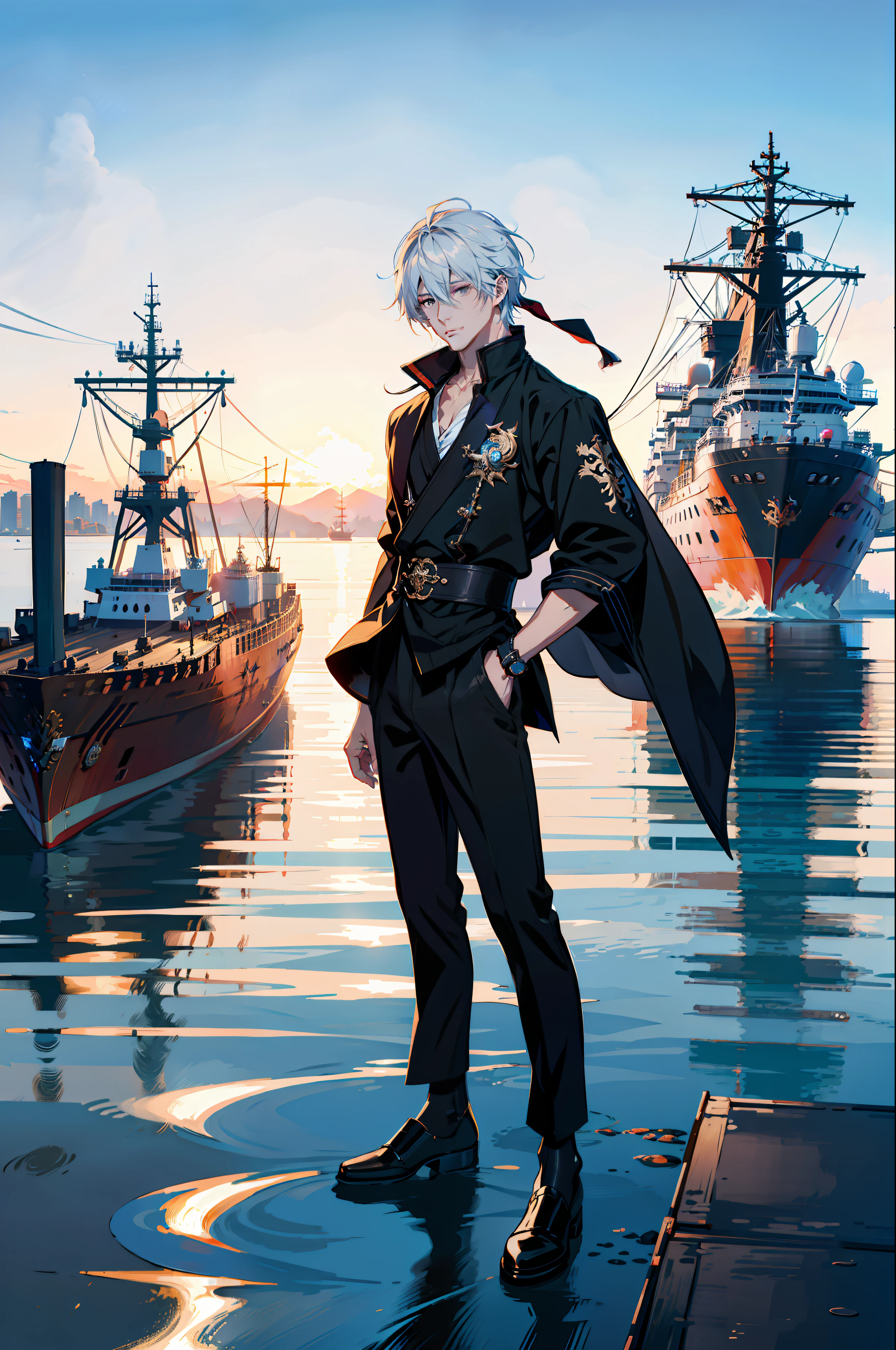 anime - style image of a man standing on a pier with a ship in the background, thancred waters in style of wlop, artwork in the style of guweiz, guweiz on pixiv artstation, guweiz, handsome anime pose, trending on artstation pixiv, highly detailed exquisite fanart, guweiz on artstation pixiv