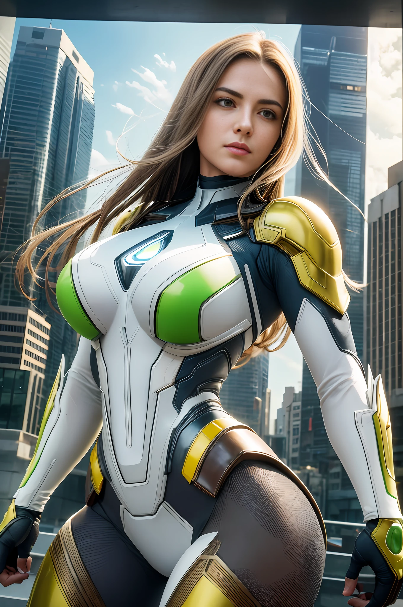 RAW, masterpiece, ultra thin photo, best quality, ultra high resolution, photorealistic, sunlight, full body portrait, incredibly beautiful, dynamic poses, delicate face, vibrant eyes, (side view), she is using a futuristic Captain America mechanism with Brazil themes, green and yellow color scheme, background of a landscape with highly detailed Christ the Redeemer, detailed face, Detailed and complex busy background, messy, gorgeous, milky white, highly detailed skin, realistic skin details, visible pores, sharp focus, volumetric mist, 8k uhd, DSLR camera, high quality, film grain, brown skin, photorealism, lomography, expanding metropolis in futuristic dystopia, view from below, translucent --auto --s2