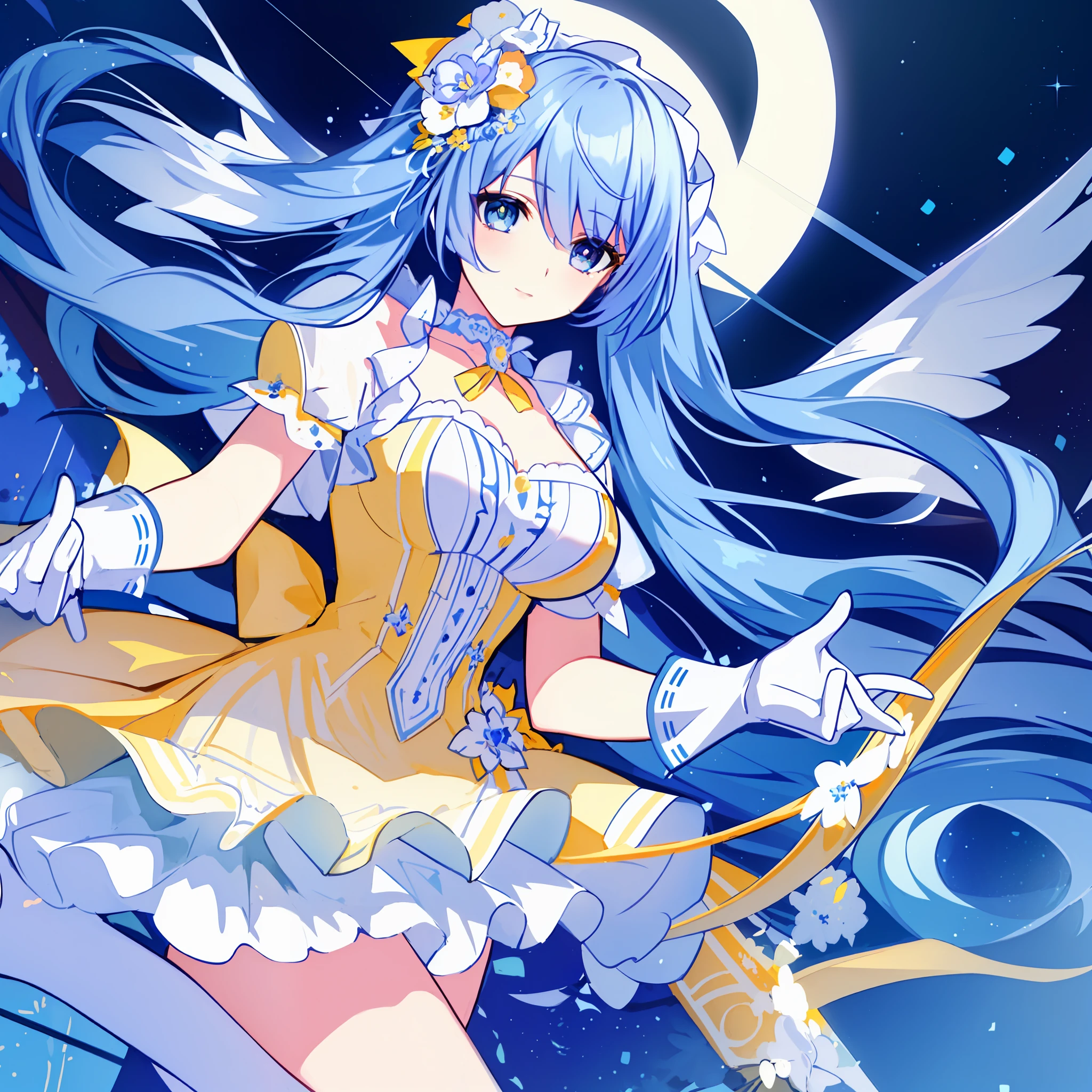 Facing right, ((((Masterpiece)))), (((Best Quality)))), ((((Very detailed))), Detailed fingers, Illustration, 1 girl, Solo, Sky blue long hair, violet colored eyes, Flower hair ornament, White feather hair ornament, Yellow moon hair ornament, Wide open chest, Large breasts, Large white ribbon at the waist, Yellow idle dress, Choker with yellow ribbon with white flowers, White gloves, White tights , MIKU, Royal Elegant Pose