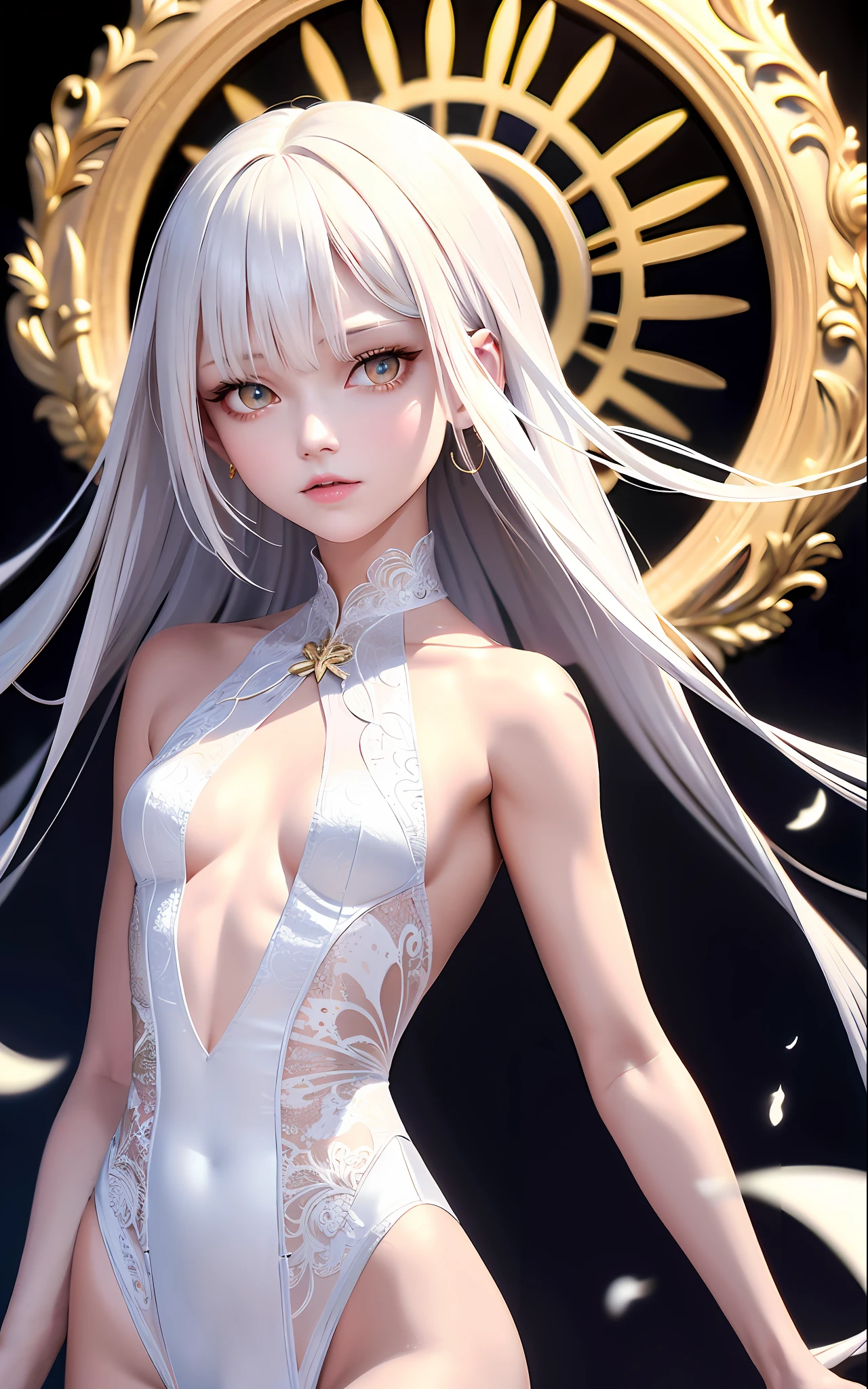 Superb and masterpiece, high resolution, best quality, UHD, super detail, award-winning, 16k, upper body, a beautiful girl, white hair, hair, ((golden eyes)), hanging eyes, fair skin, small breasts, slender figure, white clothes, white short jacket