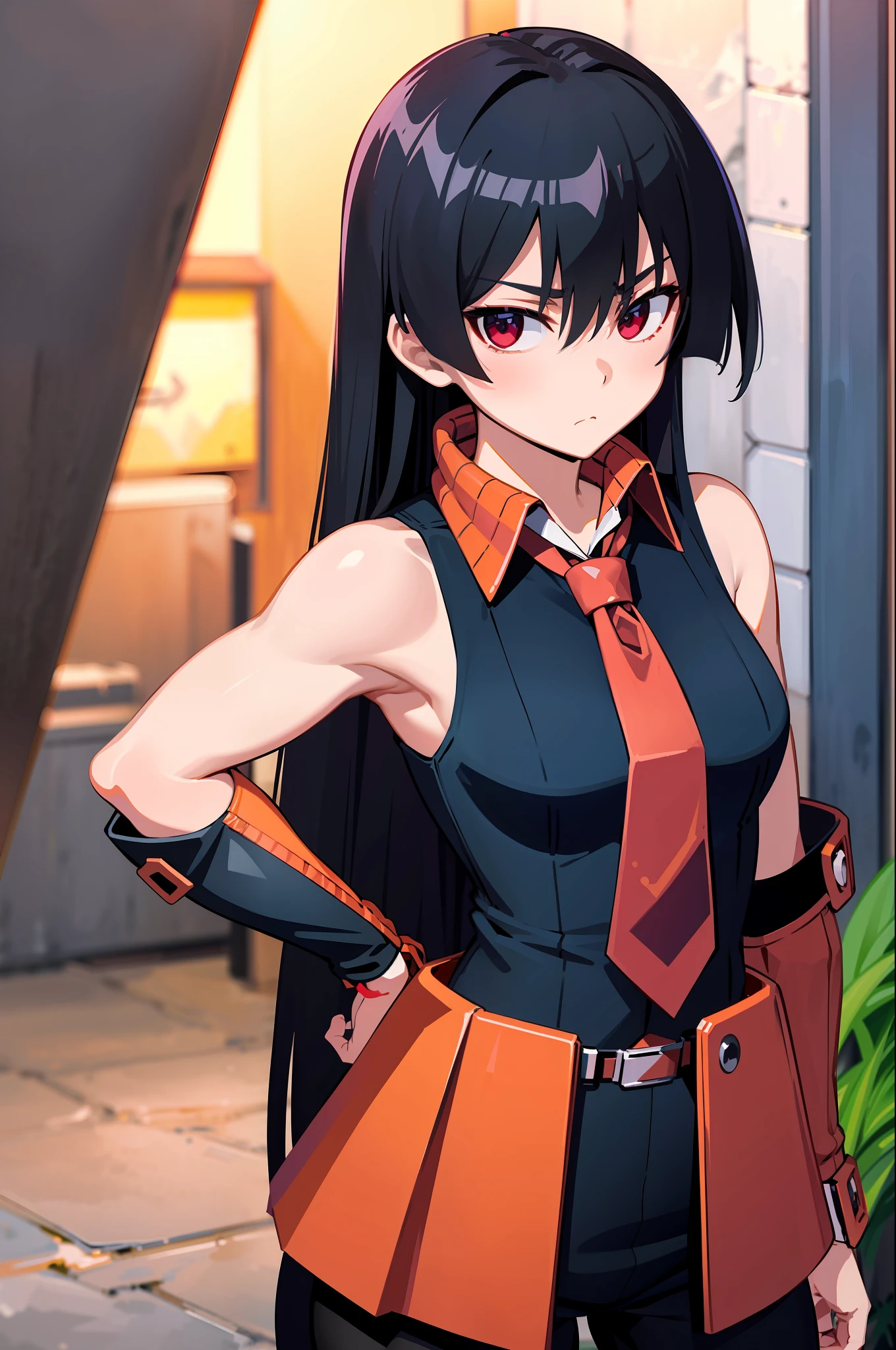 (masterpiece, best quality:1.2), cowboy shot, solo, 1girl, akame \(akame ga kill!\), expressionless, closed mouth, look at the viewer, black collared shirt, red tie, sleeveless, leggings, ass, wide hips