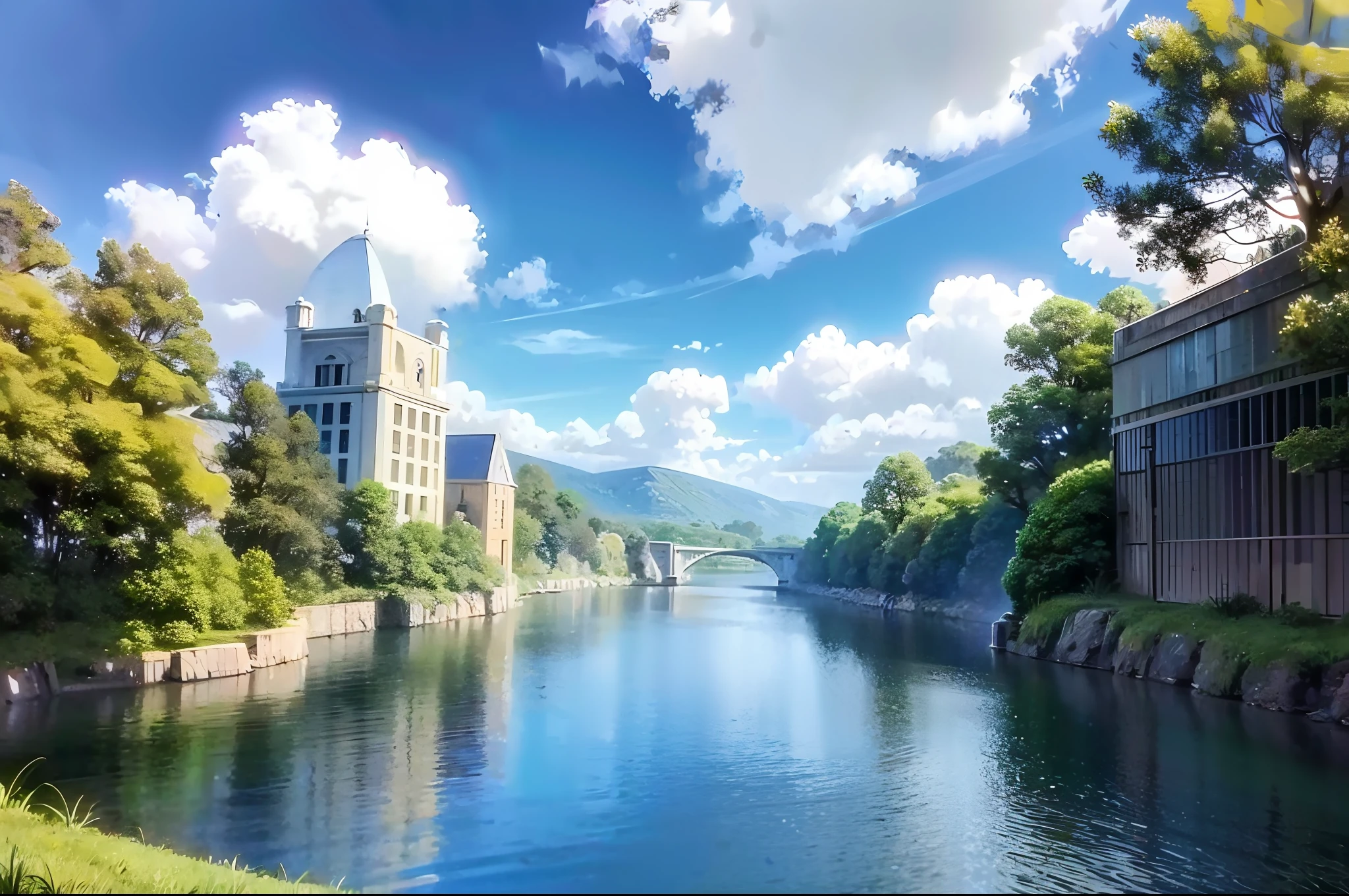ConceptArt, no humans, scenery, water, sky, day, tree, cloud, waterfall, outdoors, building, nature, river, blue sky --auto --s2