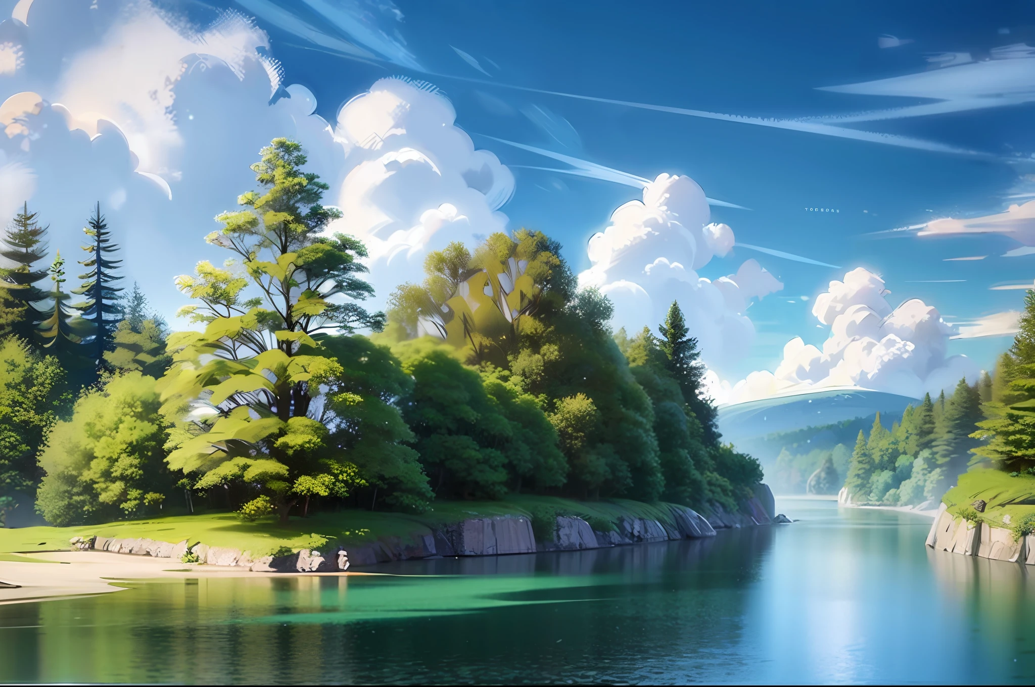 ConceptArt, no humans, scenery, water, sky, day, tree, cloud, waterfall, outdoors, building, nature, river, blue sky --auto --s2