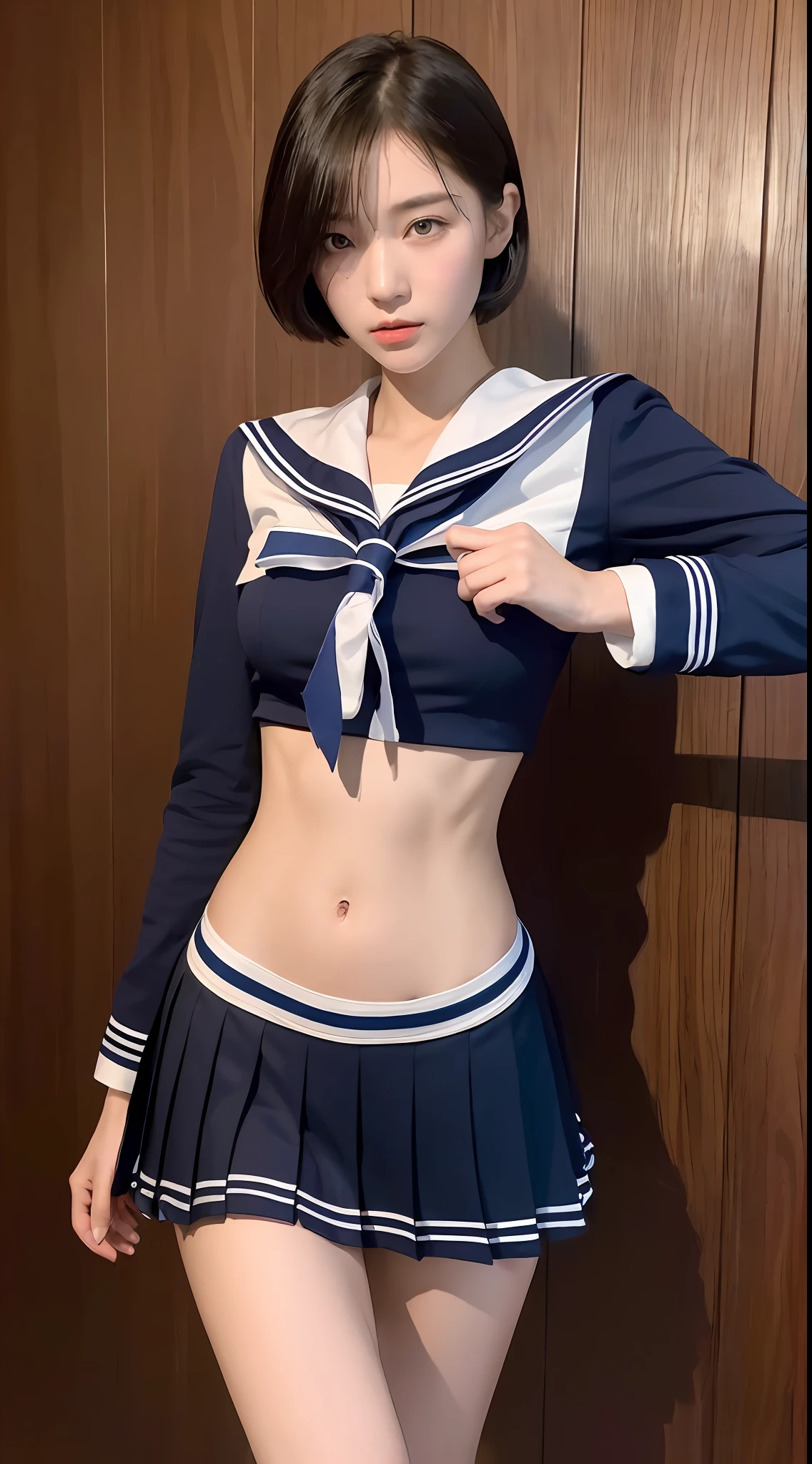 ((Top Quality, 8k, Masterpiece: 1.3)), 1 girl, Beauty with slender abs: 1.3, (Medium Short Hair, Colossal: 1.2), Sailor Suit: 1.1, Ultra Detailed Face, Detailed Eyes, Double Eyelids, Black Pleated Skirt, Full Body, Navel, Beautiful Legs, Thighs