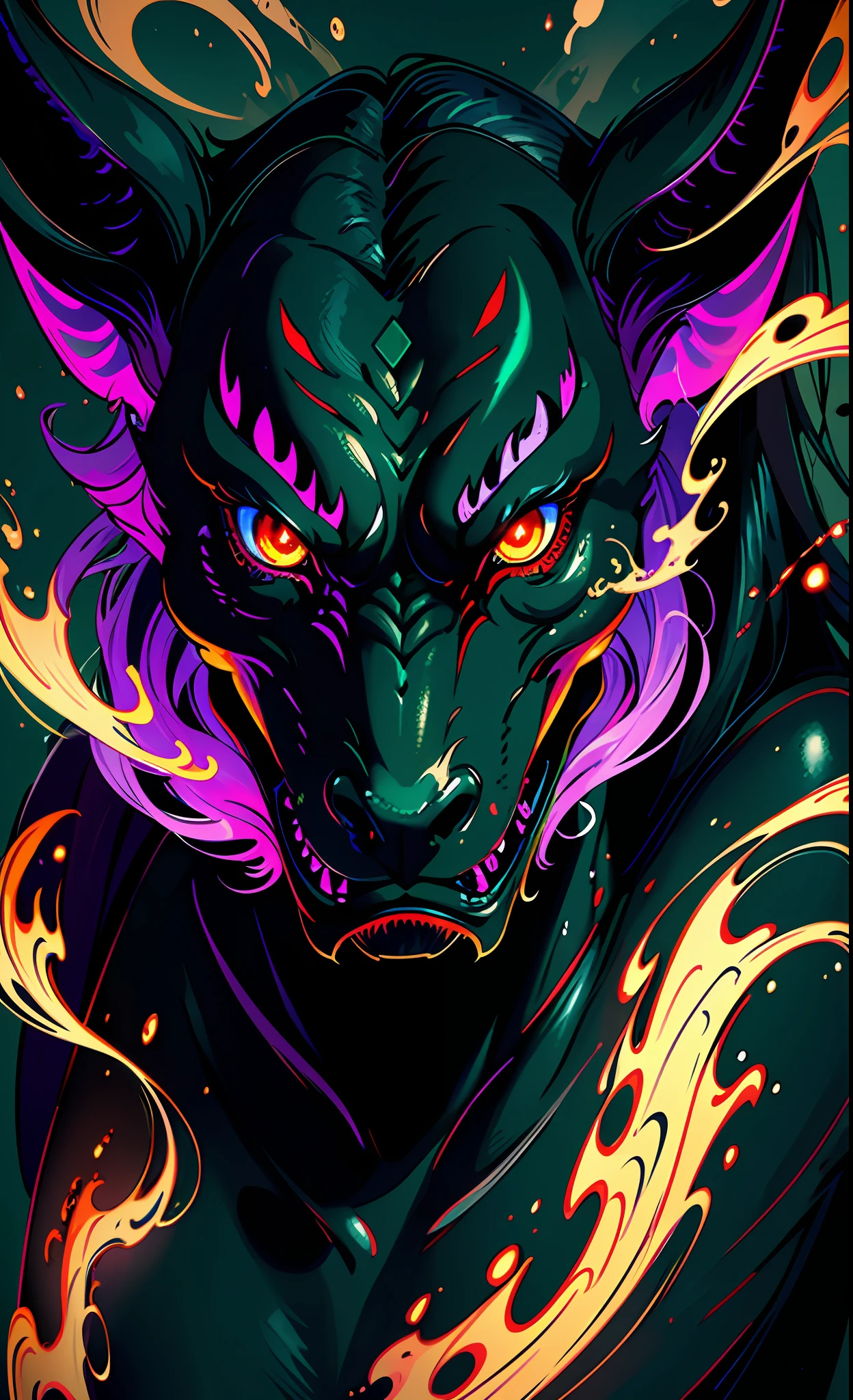(masterpiece), the best quality, super detailed CG Unity 8K wallpaper, the best performance, an extremely demonic creature with a human face and horse ears - the horse face in the underworld, long black hair, red eyes and dragon-patterned armor set off his evil aura. The background of dark green smoke and purple flames vividly embodies the horror of the horse face.