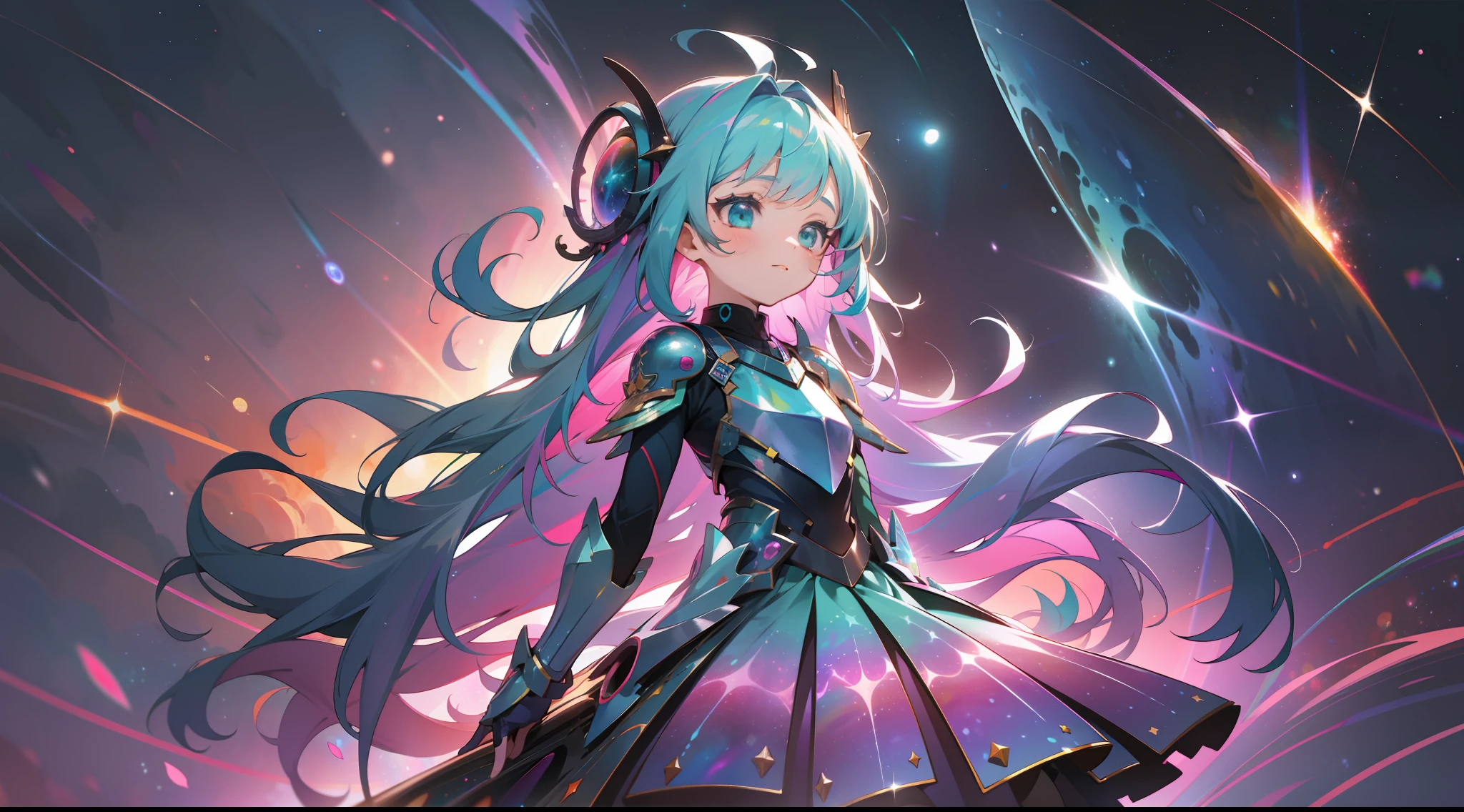 a little girl with rainbow colored hair and teal dress armor, flying between the stars, rainbow colored cosmic nebula background, stars, galaxies