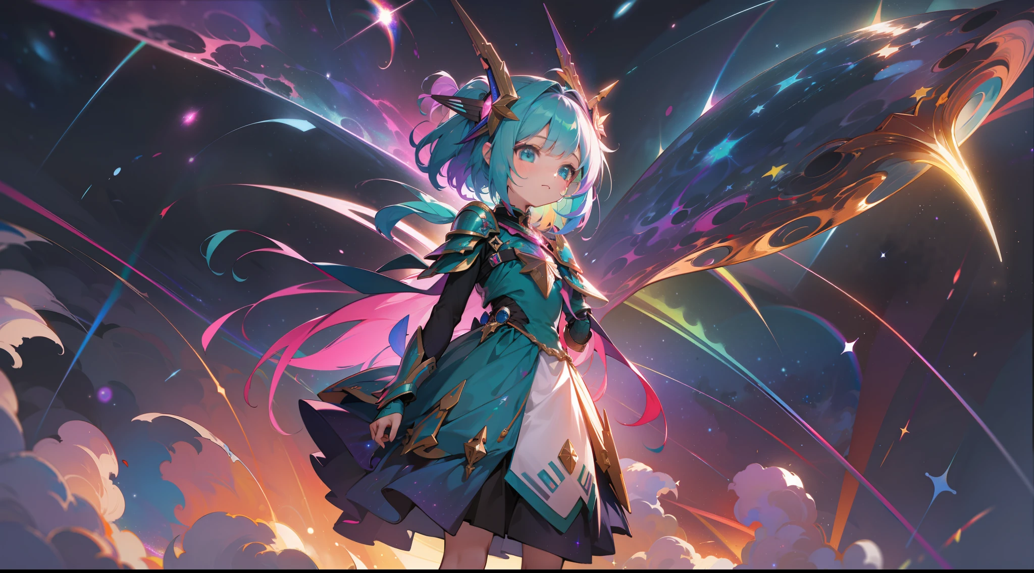 a little girl with rainbow colored hair and teal dress armor, flying between the stars, rainbow colored cosmic nebula background, stars, galaxies