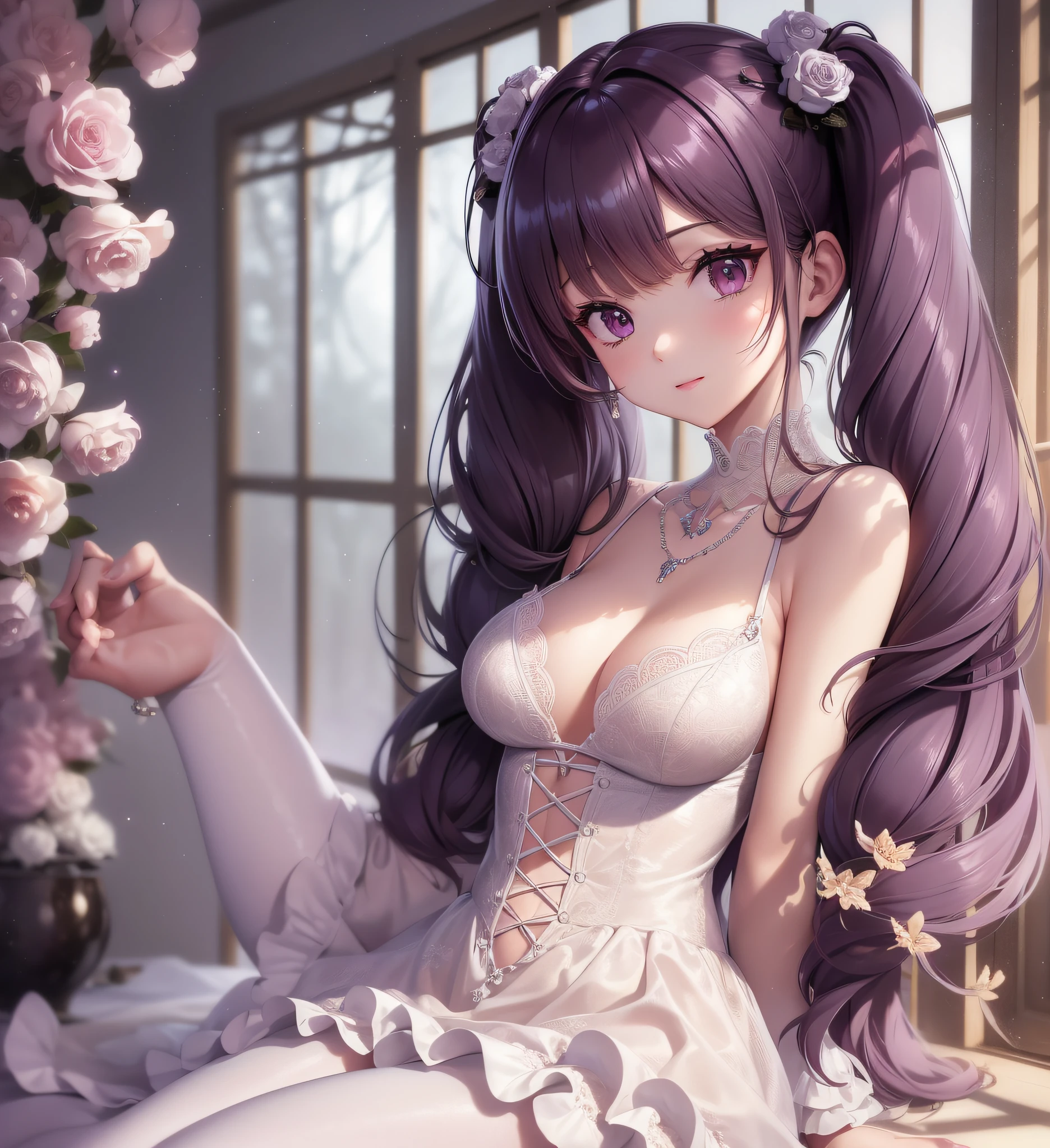 , straddling,,,medium hair, (magenta), blunt bangs, (twintails: 1.3), purple eyes, light smile, (full body), loli, (cute face: 1.5), solo, (white dress: 1.3), (white pantyhose: 1.3), lace-up heels, necklace, hairpin, (mini girl: 1.3), dynamic angle, floating, frills, painting, depth of field, Natural, beautiful meticulous girl, extremely detailed eyes and face, beautiful detailed eyes, detailed light, cinematic lighting, lens flare, light leakage, sunlight , shine , beautiful detail glow, ridiculous, incredibly ridiculous, huge file size , super detailed, high resolution, extremely detailed, best quality , masterpiece, illustration, extremely delicate and beautiful, very detailed , CG ,unity ,8k wallpaper, amazing, fine detail, masterpiece, best quality, official art, extremely detailed CG Unity 8k wallpaper, studio lighting, high saturation, dramatic angle, reflected light, ray tracing, depth of field, outdoors, (14:1.3)