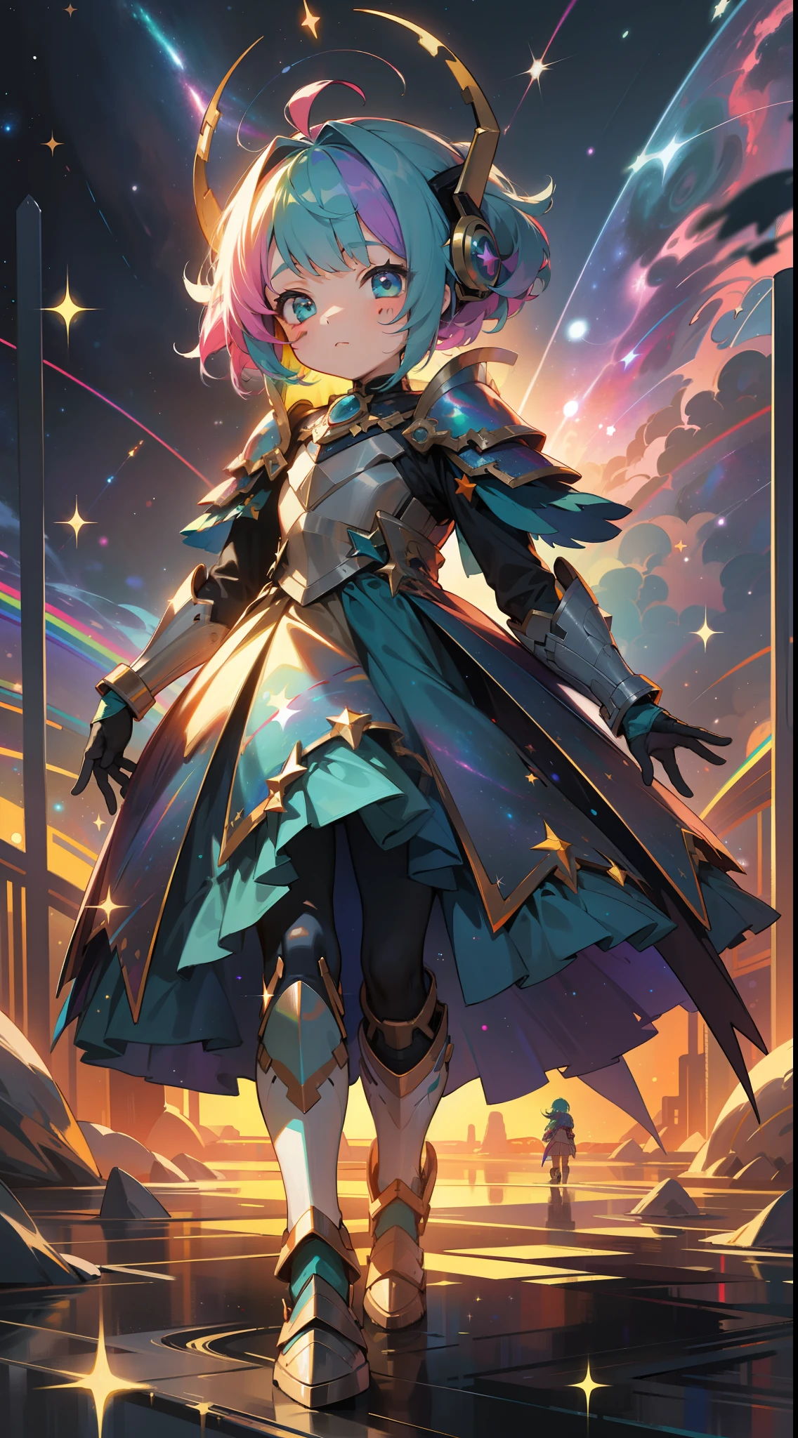 a little girl with rainbow colored hair and teal dress armor, walking in the stars, rainbow colored cosmic nebula background, stars, galaxies