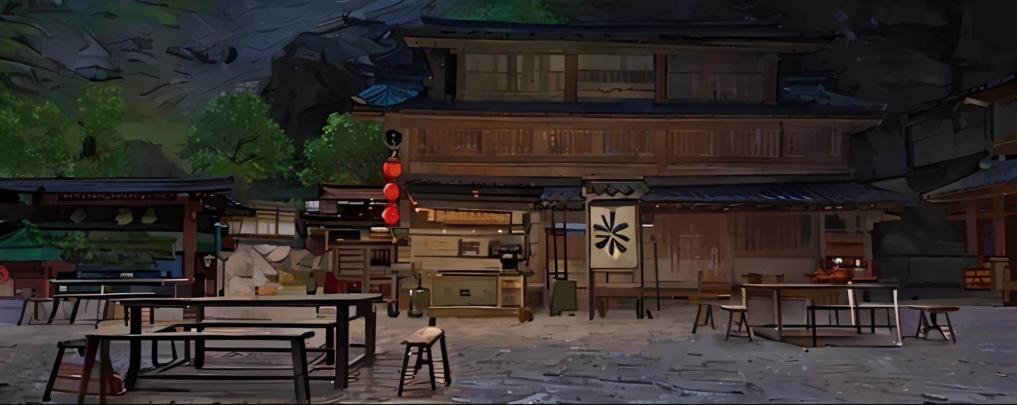 there are tables and chairs in a courtyard with a mountain in the background, japanese village, dojo on a mountain, feudal japanese setting, japanese town, old asian village, monokubo, a multidimensional cozy tavern, chinese village, market setting, japanese rural town, old japanese street market, tavern background, omina tachibana, japanese street, japanese house
