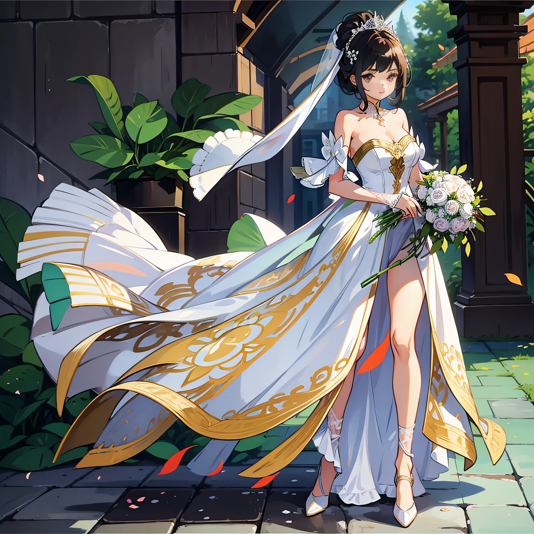 A girl, dressed in a wedding dress, white wedding dress, full body drawing, slim, long legs